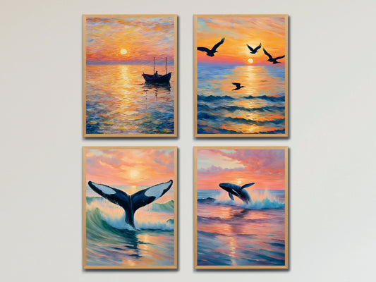 Sonnenuntergang am Meer - Vögel und Wal - Vintage Stil Claude Monet