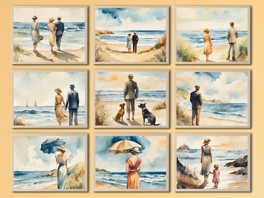 Strandspaziergang im Sommer in den 1920er Jahren - Aquarell