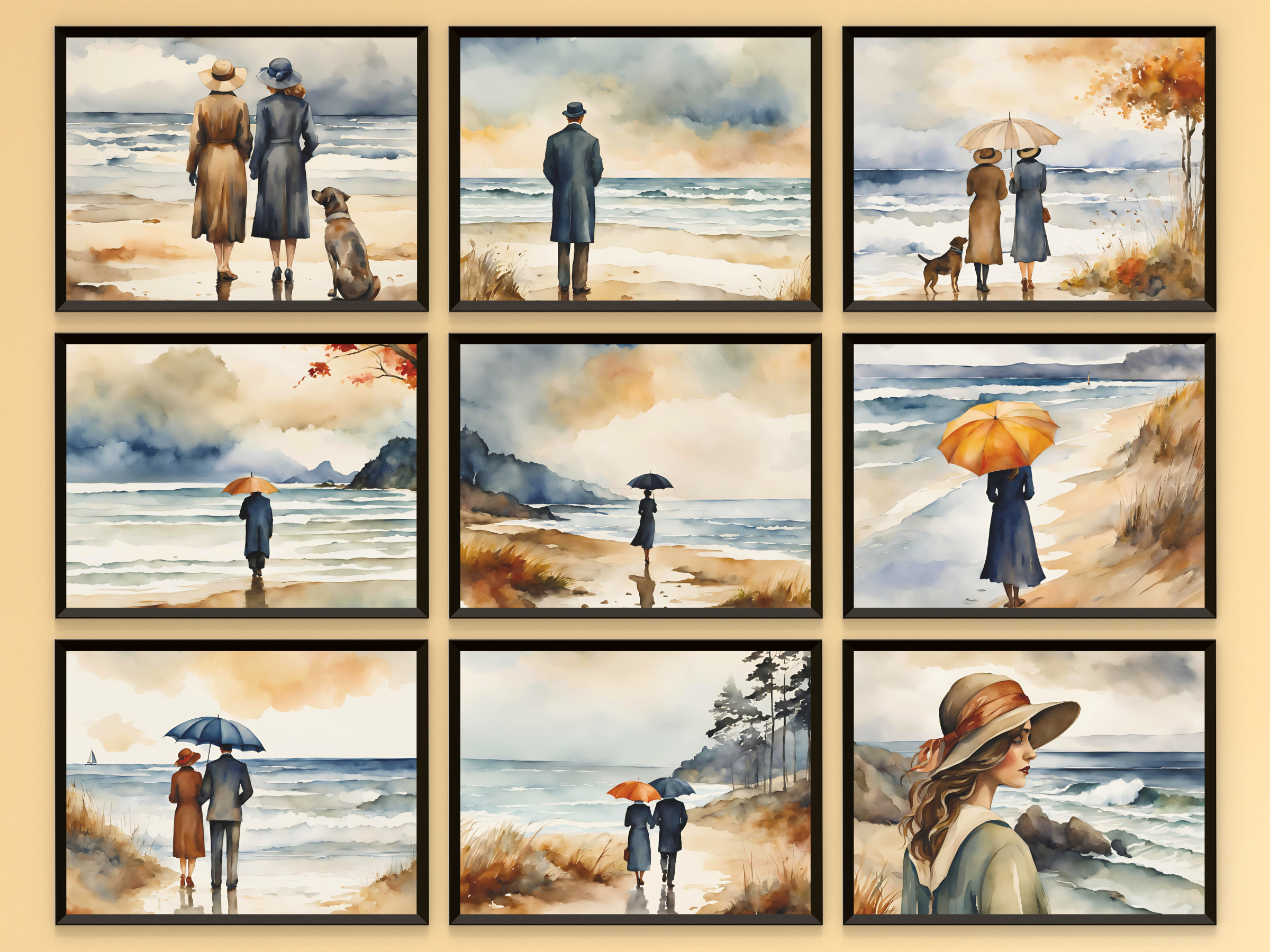 Strandspaziergang im Herbst in den 1920er Jahren - Aquarell