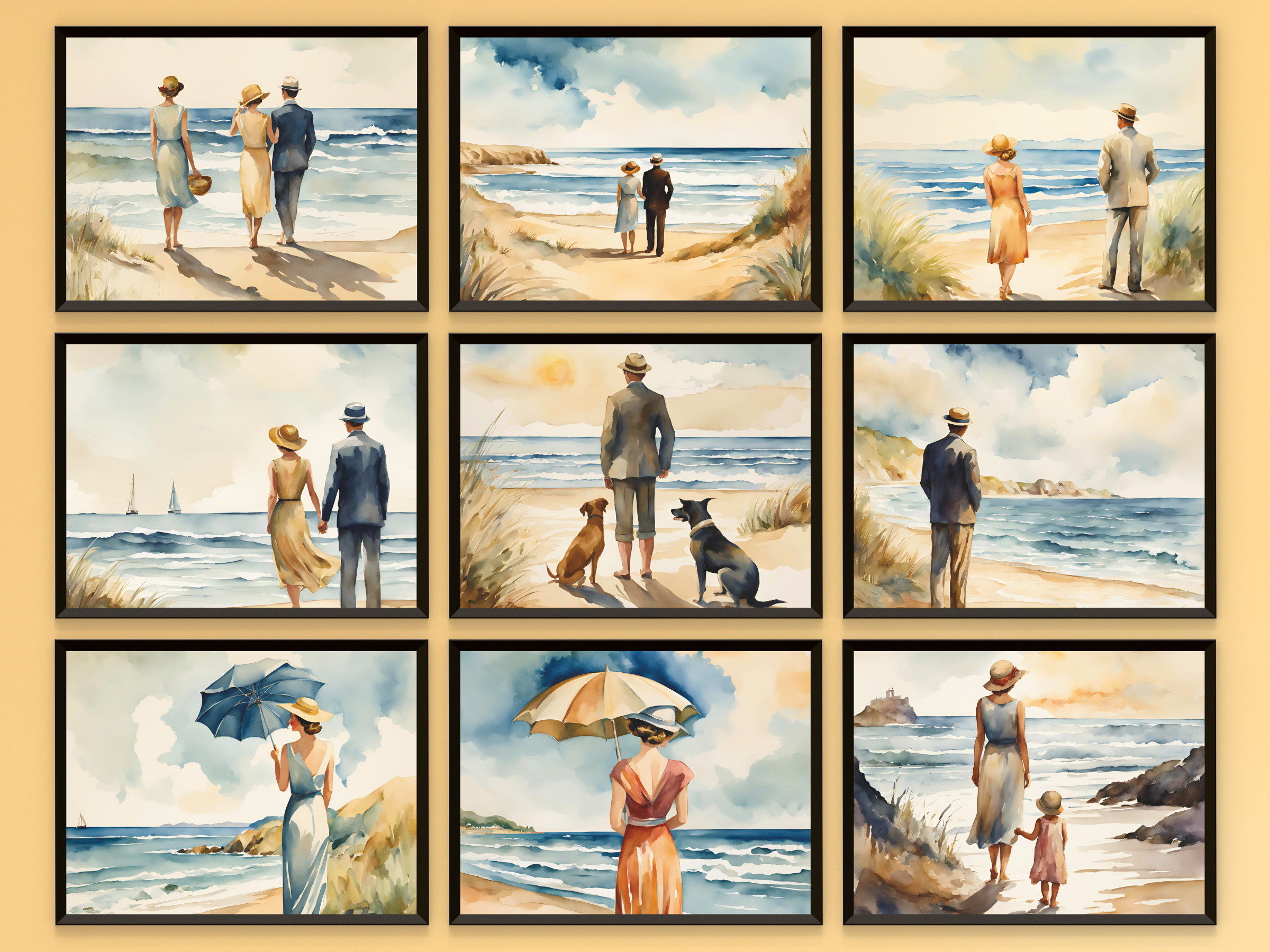 Strandspaziergang im Sommer in den 1920er Jahren - Aquarell