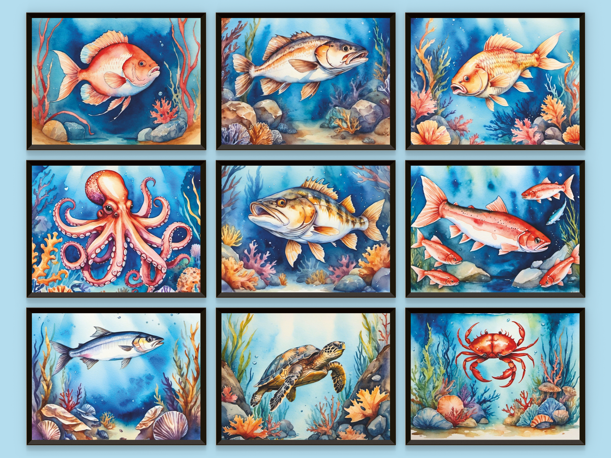 Meerestiere - Fische und Schalentier - Aquarell