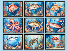 Sea Creatures - Fish and Shellfish - Watercolor