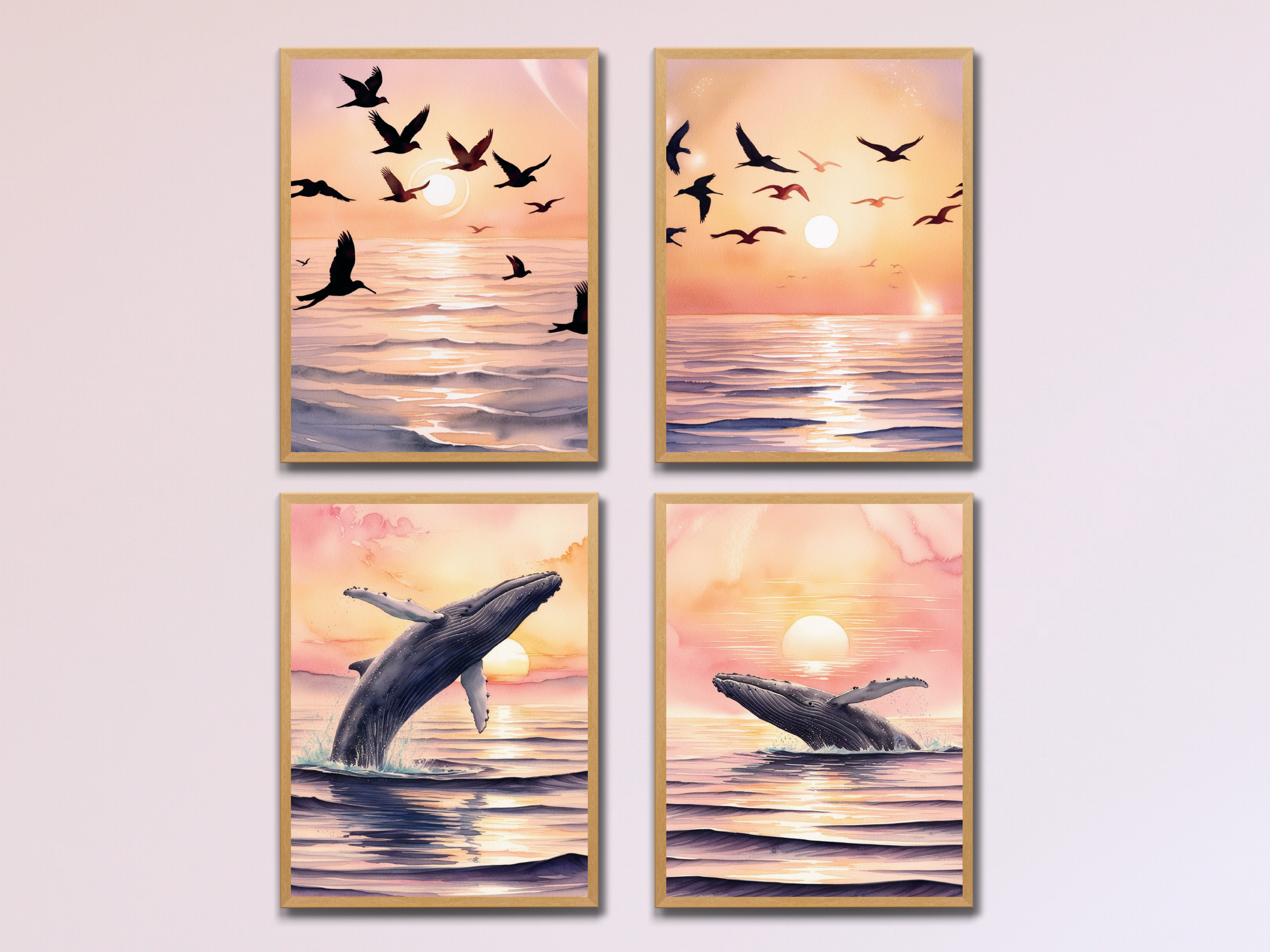 Sonnenaufgang am Meer - Vögel und Wal - Aquarell