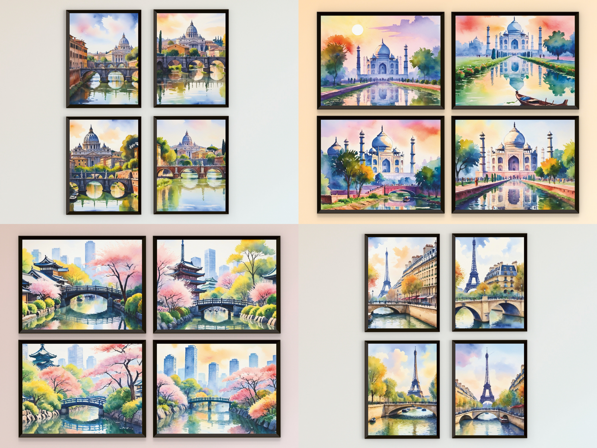 New Delhi, Paris, Rom, Tokyo bei Tag - Aquarell - Bundle