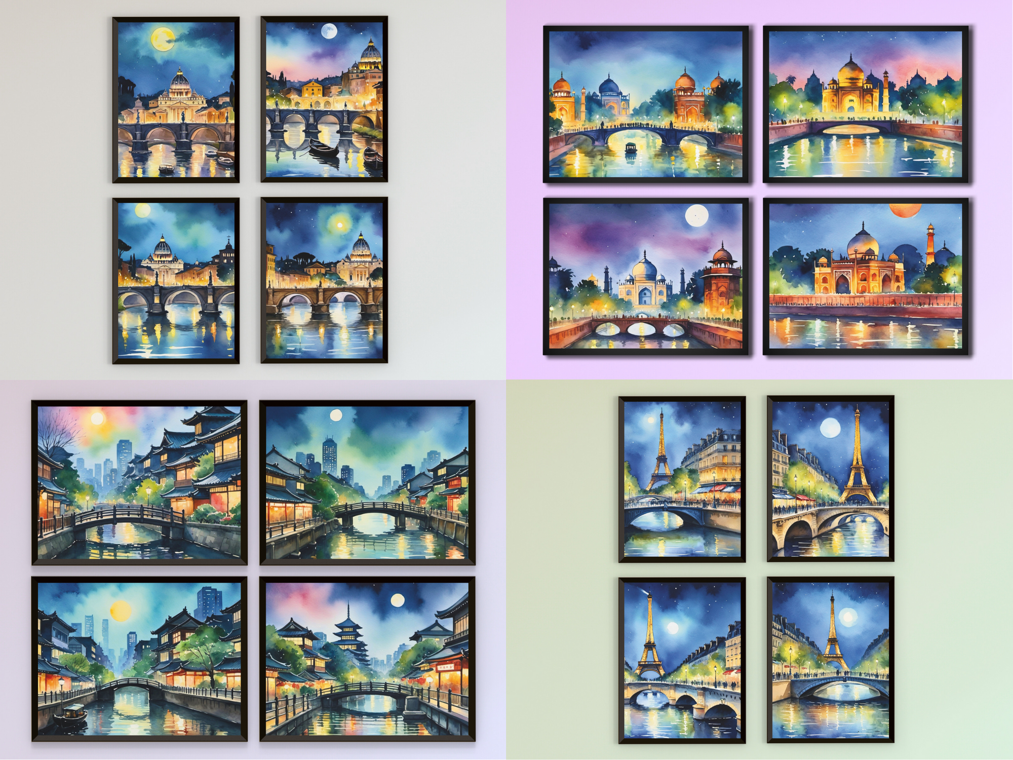 New Delhi, Paris, Rom, Tokyo bei Nacht - Aquarell - Bundle