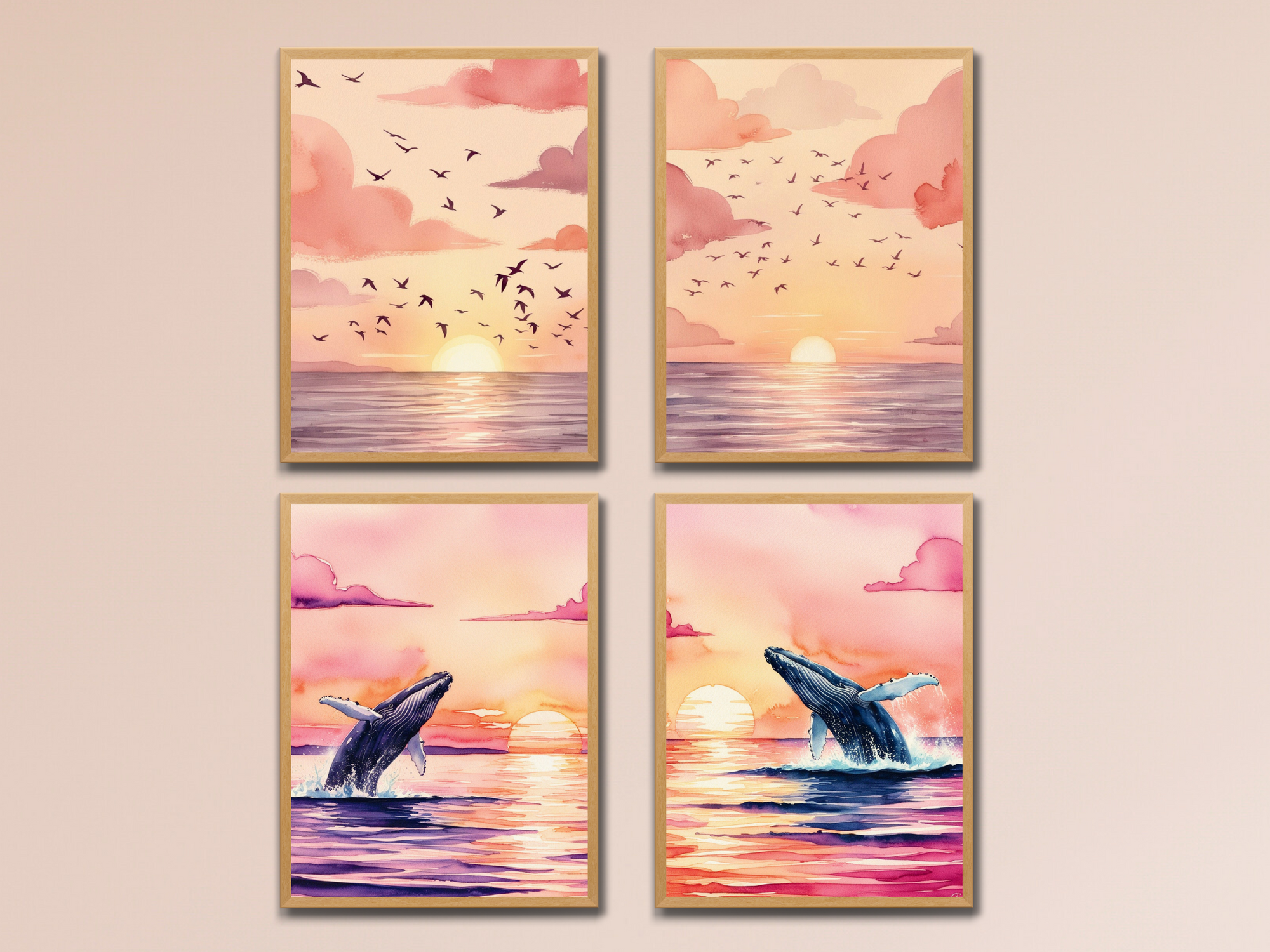 Sonnenuntergang am Meer - Vögel und Wal - Aquarell