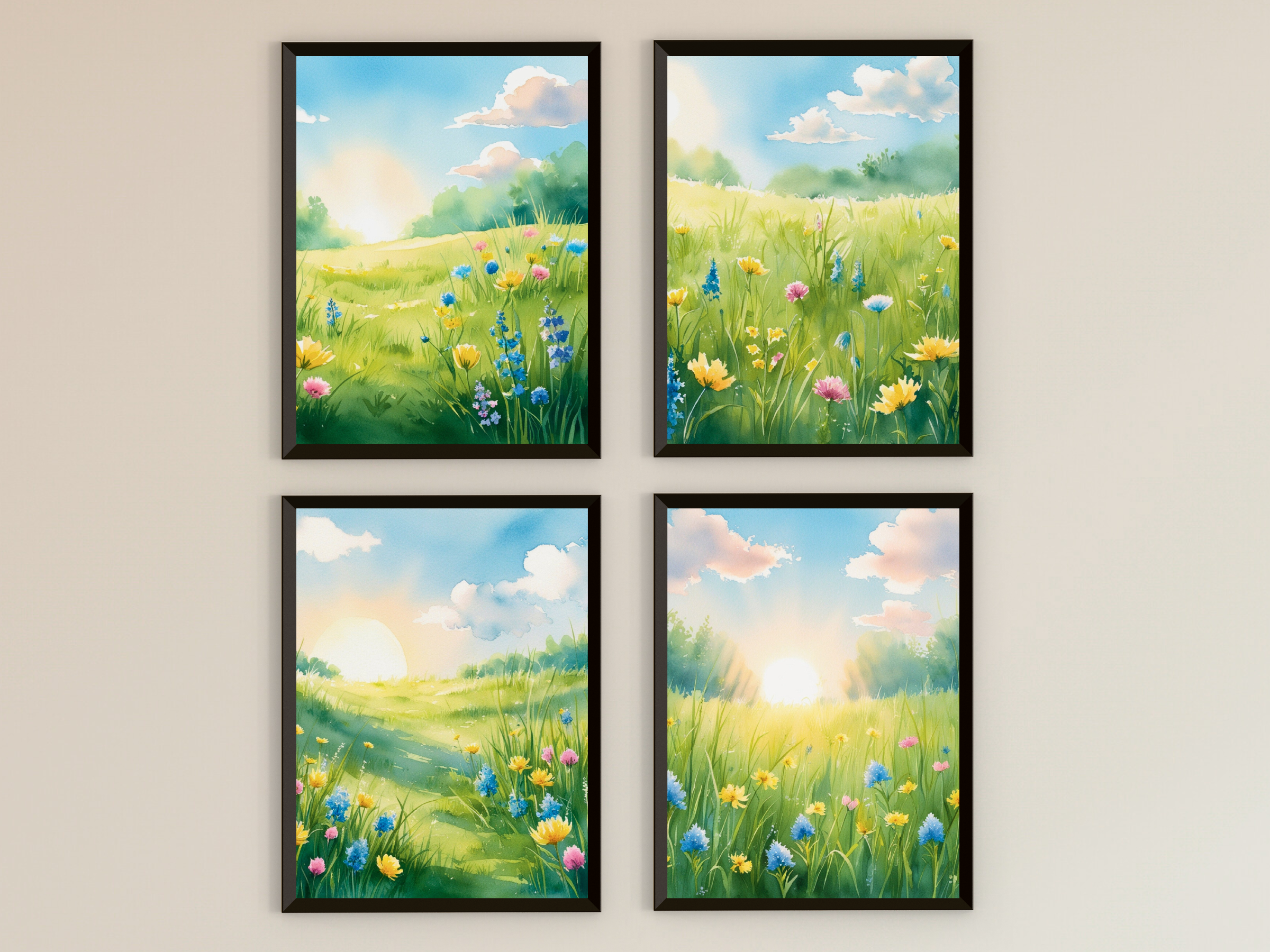 Sonnenaufgang auf Frühlingswiese - Aquarell