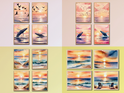 Sun by the Sea - Birds and Whale - Watercolor - Bundle