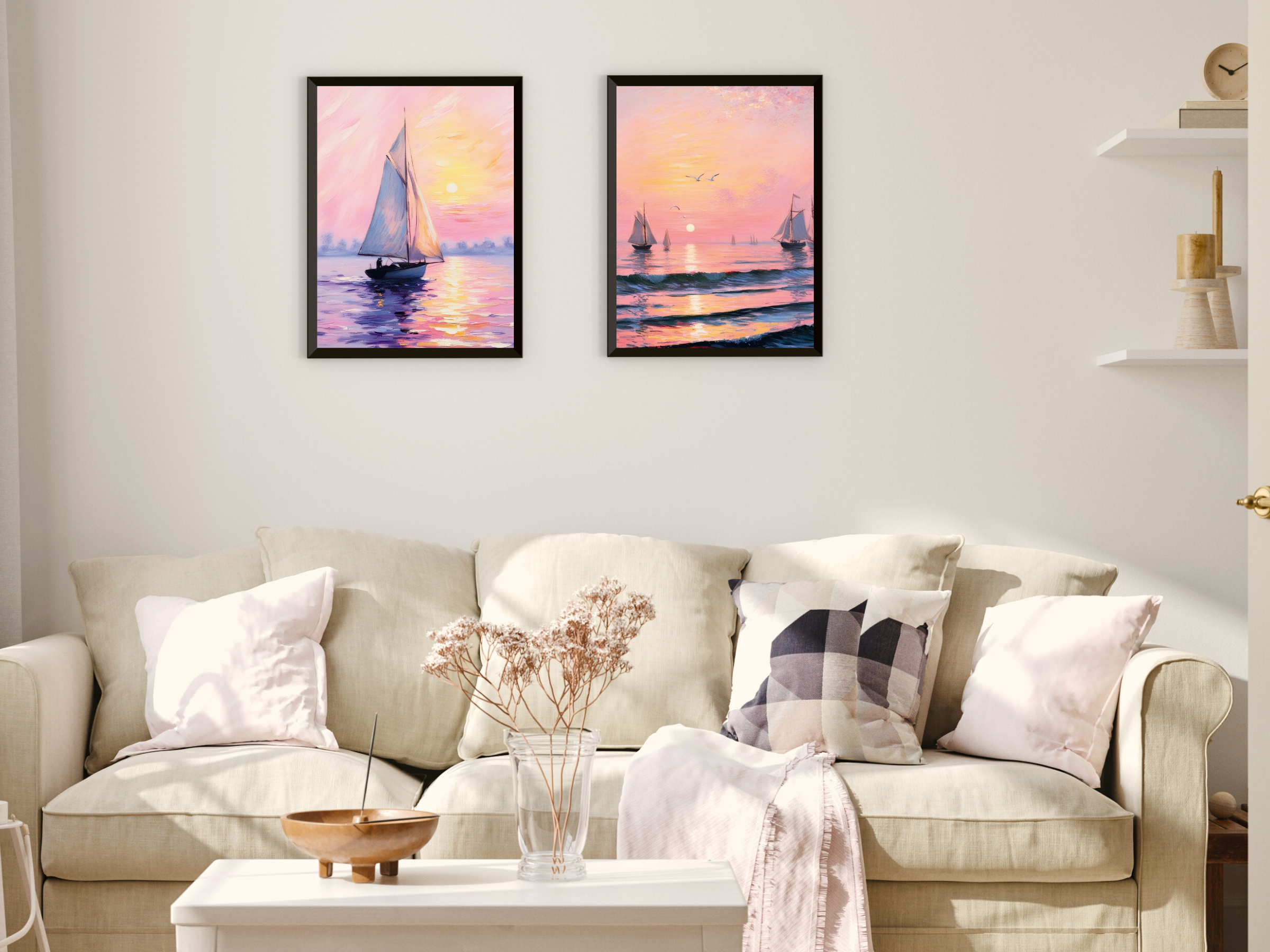 Lever de soleil sur la mer - Oiseaux et baleine - Style vintage Claude Monet