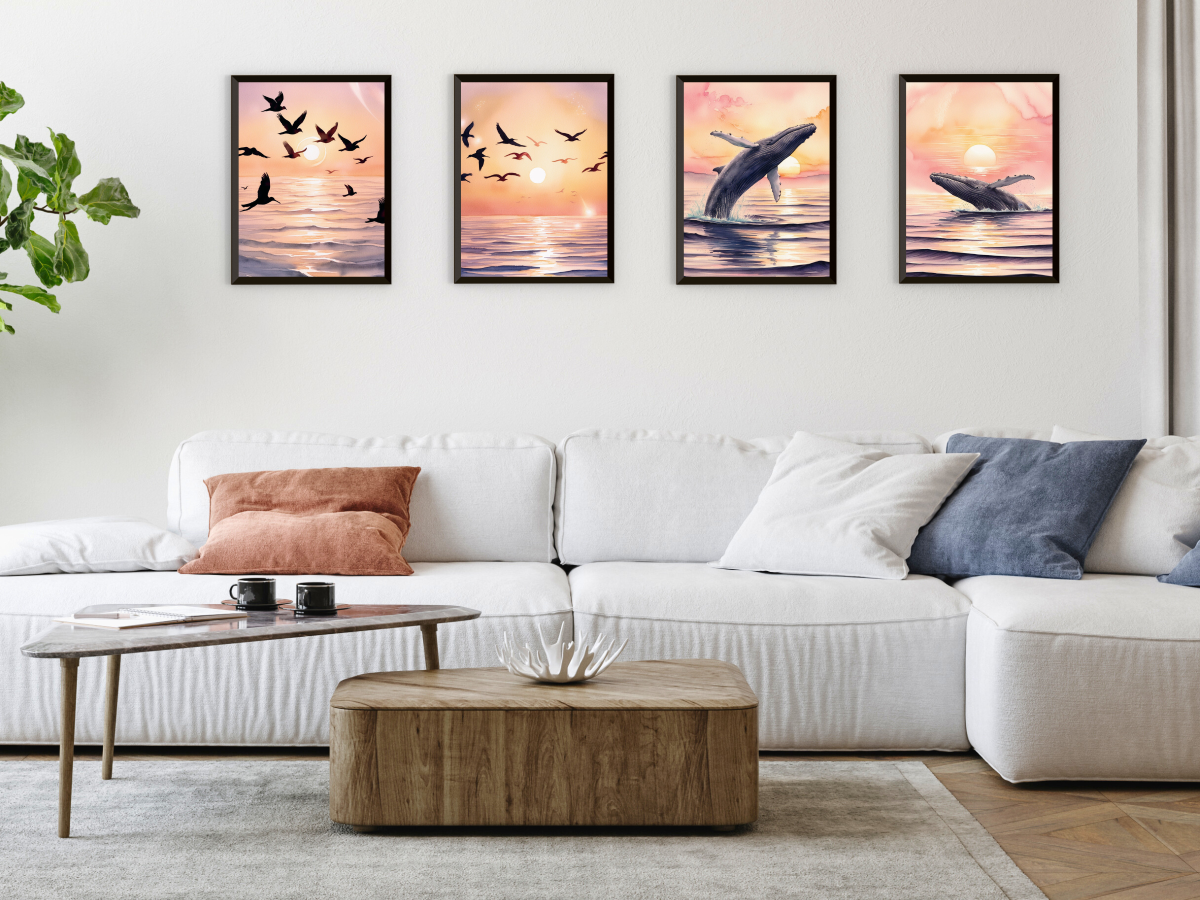 Soleil en bord de mer - Oiseaux et baleine - Aquarelle - Lot