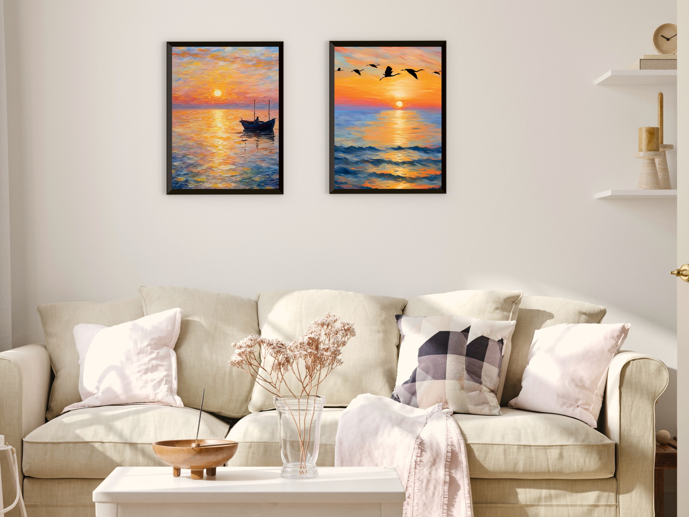 Coucher de soleil en bord de mer - Oiseaux et baleine - Style vintage Claude Monet