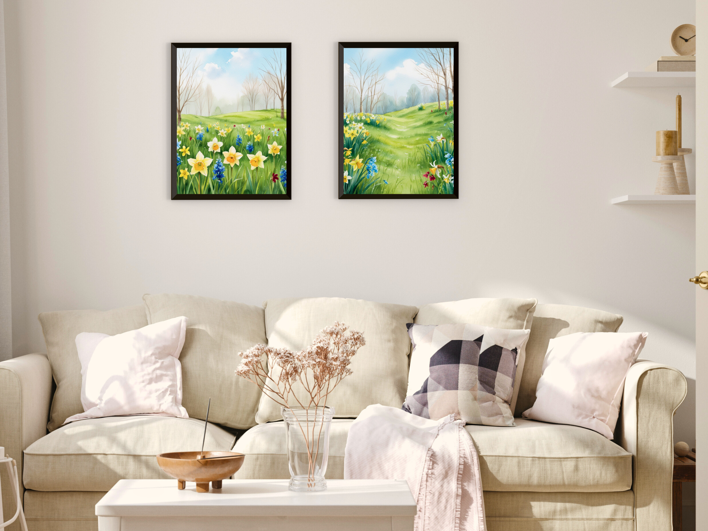 Paysage printanier paisible avec prairies - Aquarelle