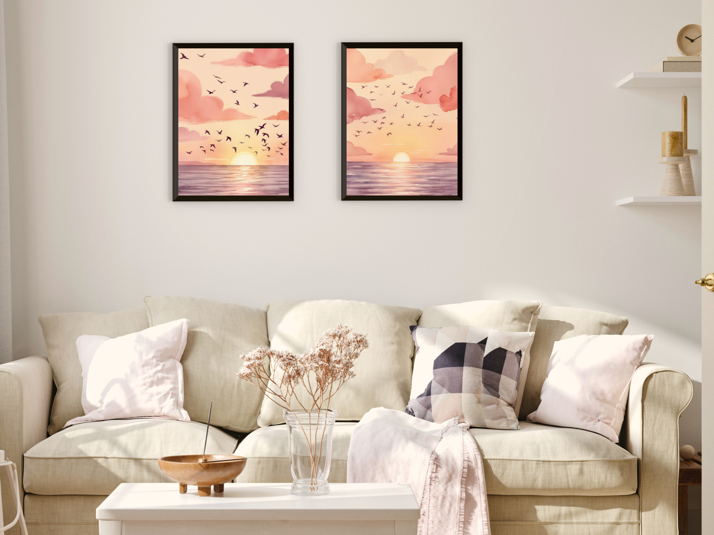 Sonnenuntergang am Meer - Vögel und Wal - Aquarell