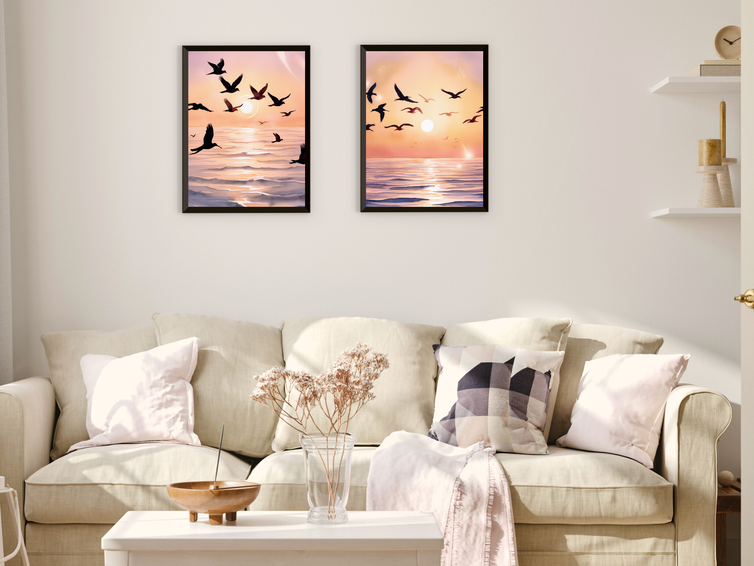 Lever de soleil sur la mer - Oiseaux et baleine - Aquarelle