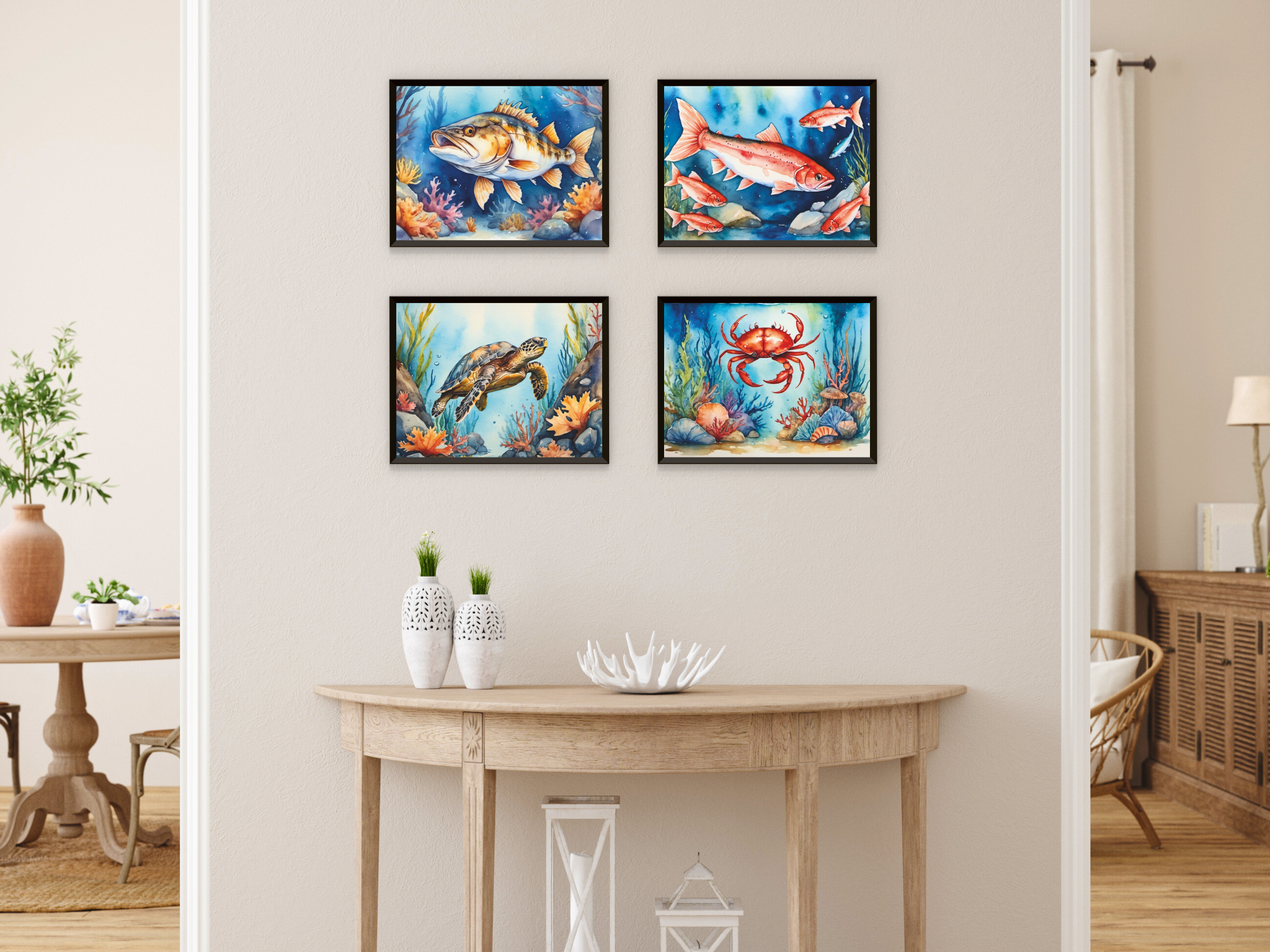 Meerestiere - Fische und Schalentier - Aquarell