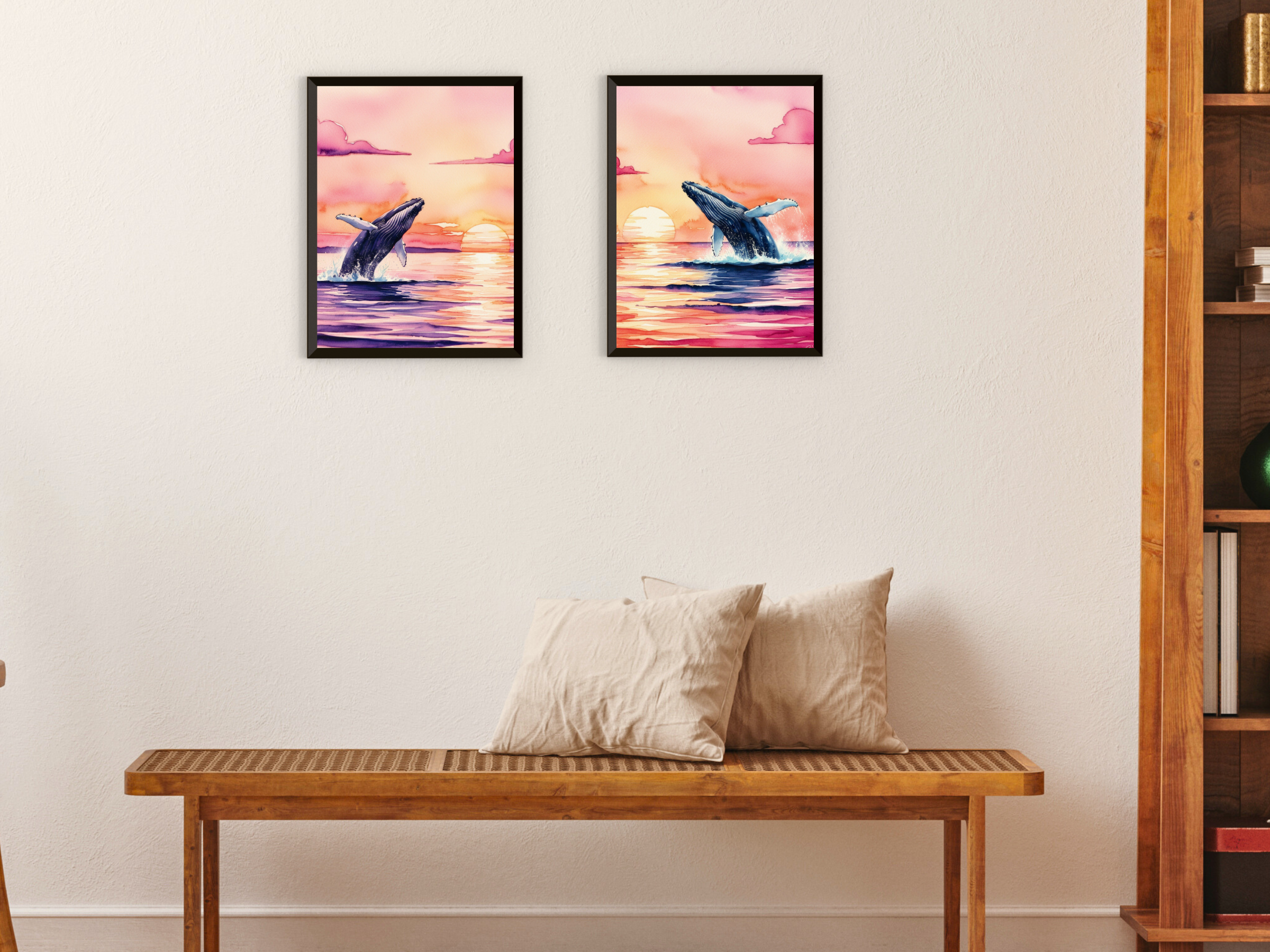 Sonnenuntergang am Meer - Vögel und Wal - Aquarell