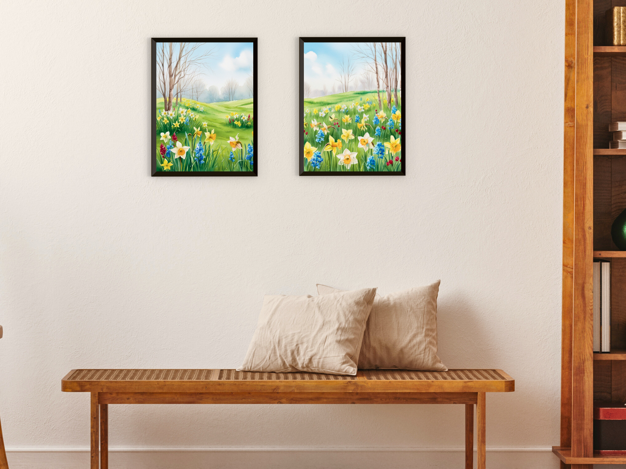 Paysage printanier paisible avec prairies - Aquarelle