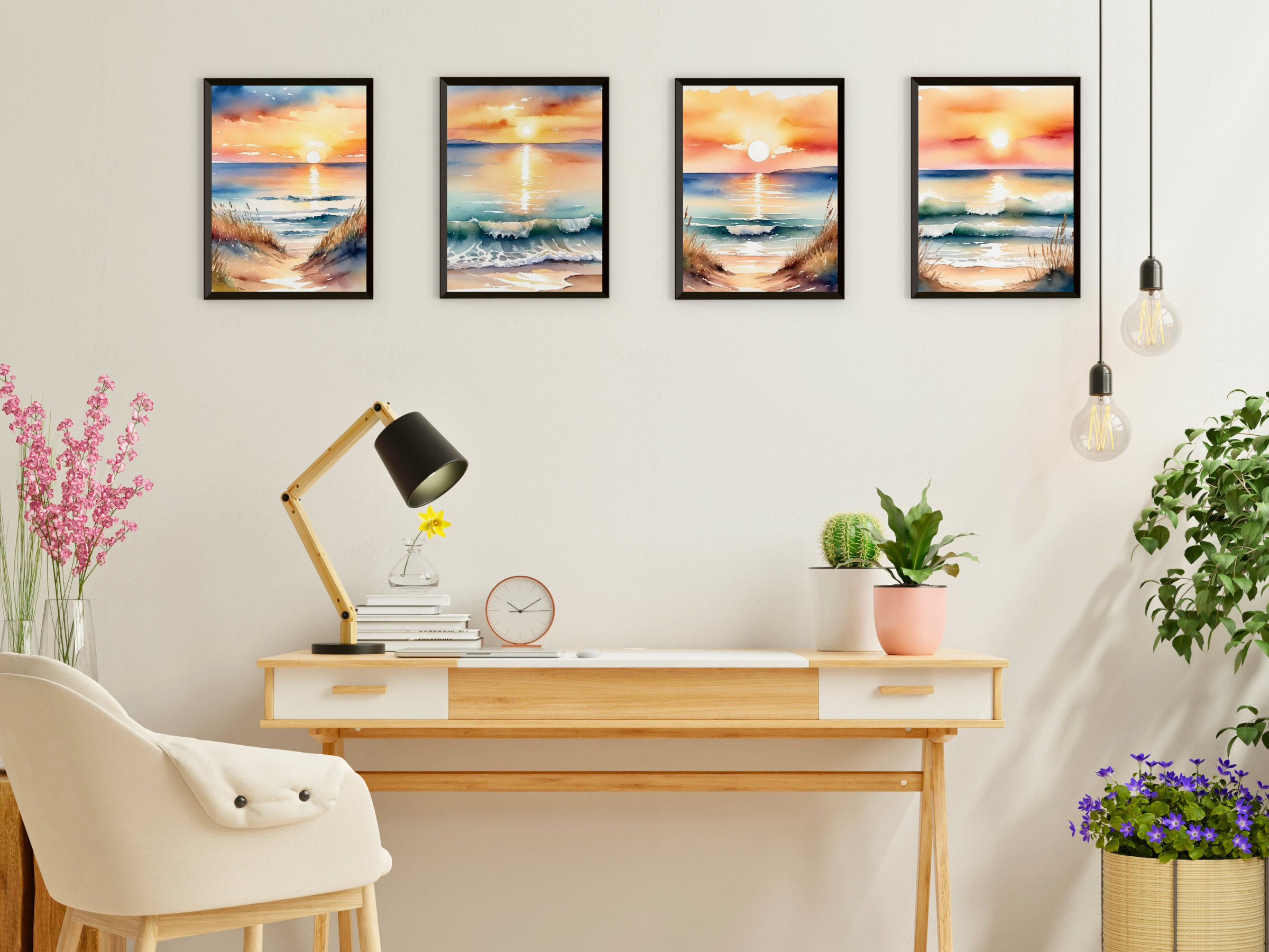 Soleil en bord de mer - Oiseaux et baleine - Aquarelle - Lot