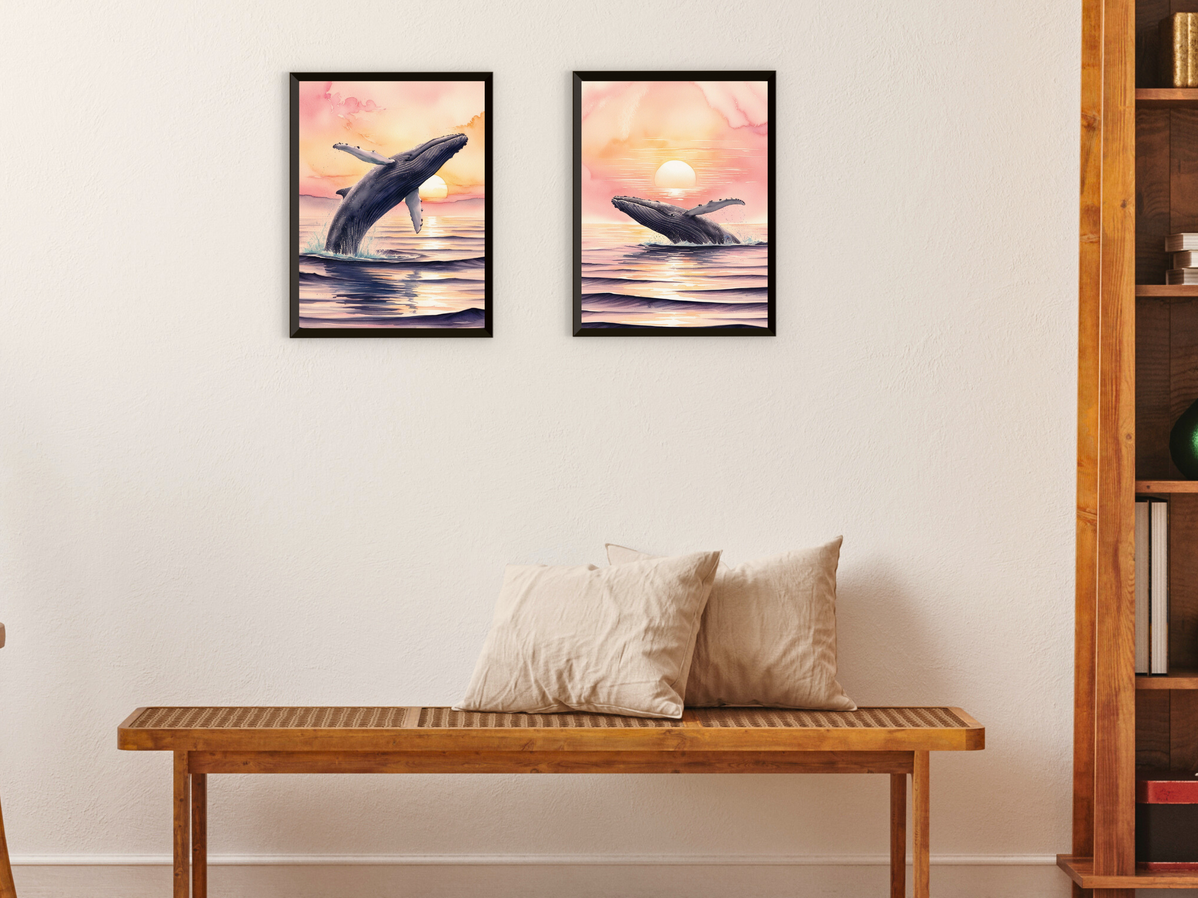Lever de soleil sur la mer - Oiseaux et baleine - Aquarelle