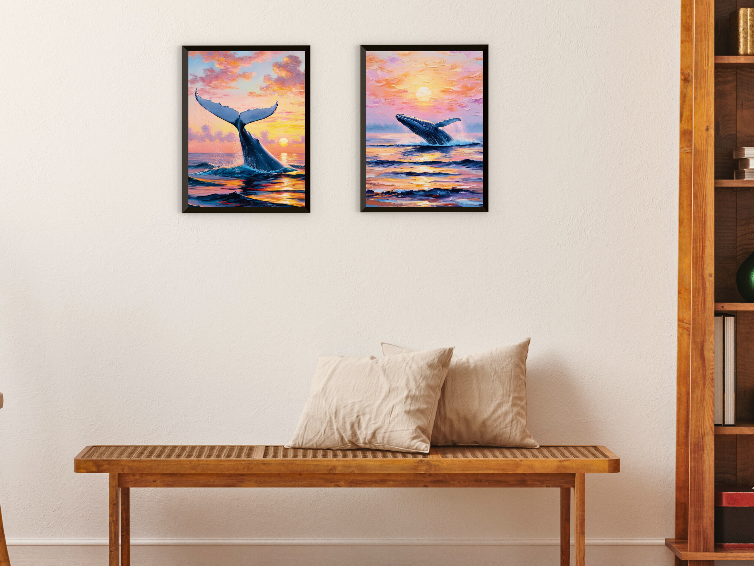 Lever de soleil sur la mer - Oiseaux et baleine - Style vintage Claude Monet