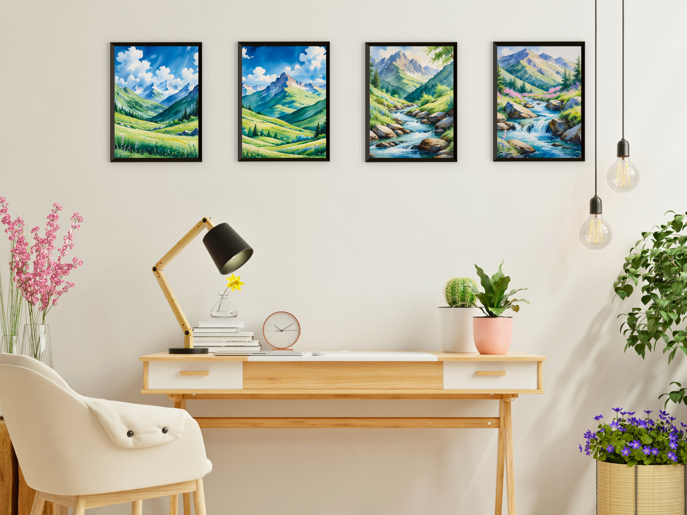 Paysage de montagne - Printemps, été, automne, hiver - Aquarelle - Lot