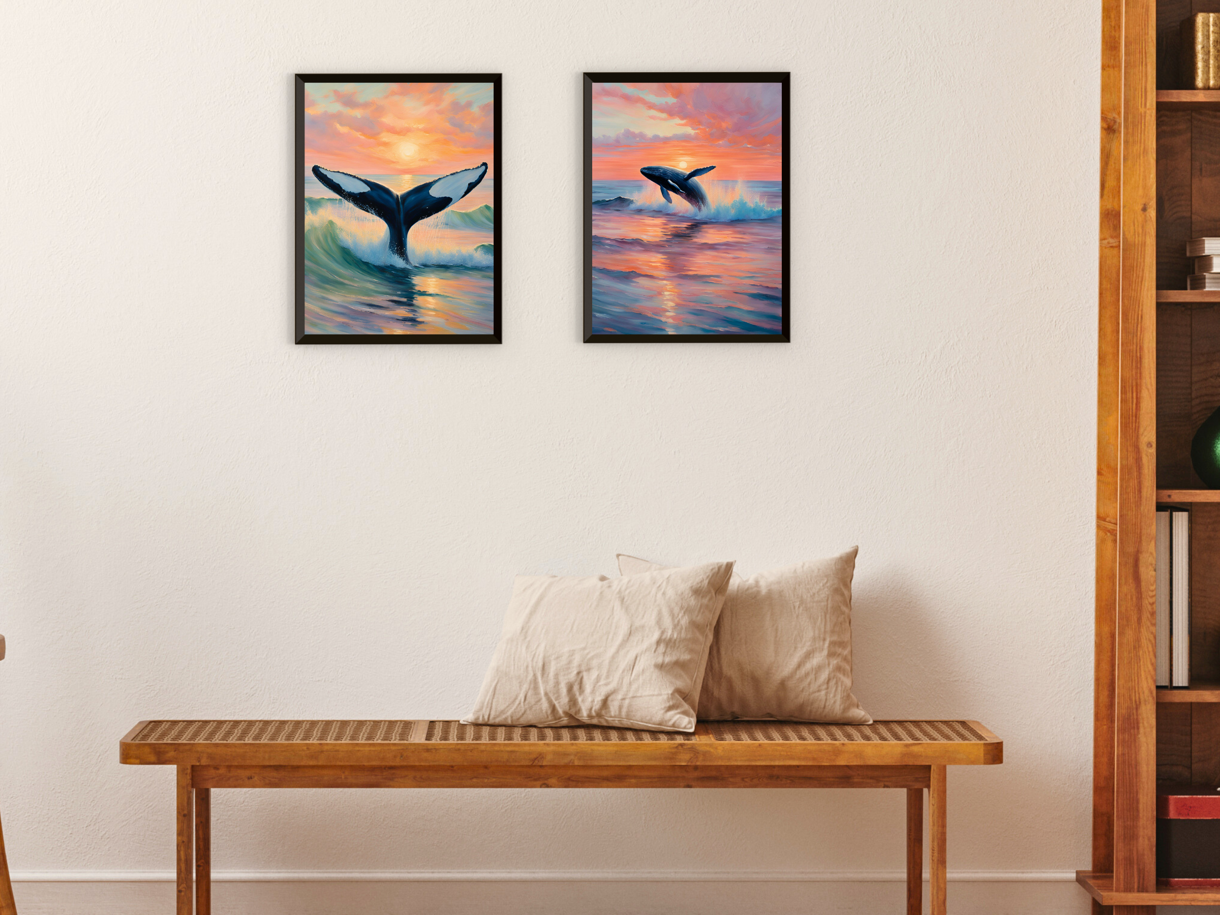 Coucher de soleil en bord de mer - Oiseaux et baleine - Style vintage Claude Monet