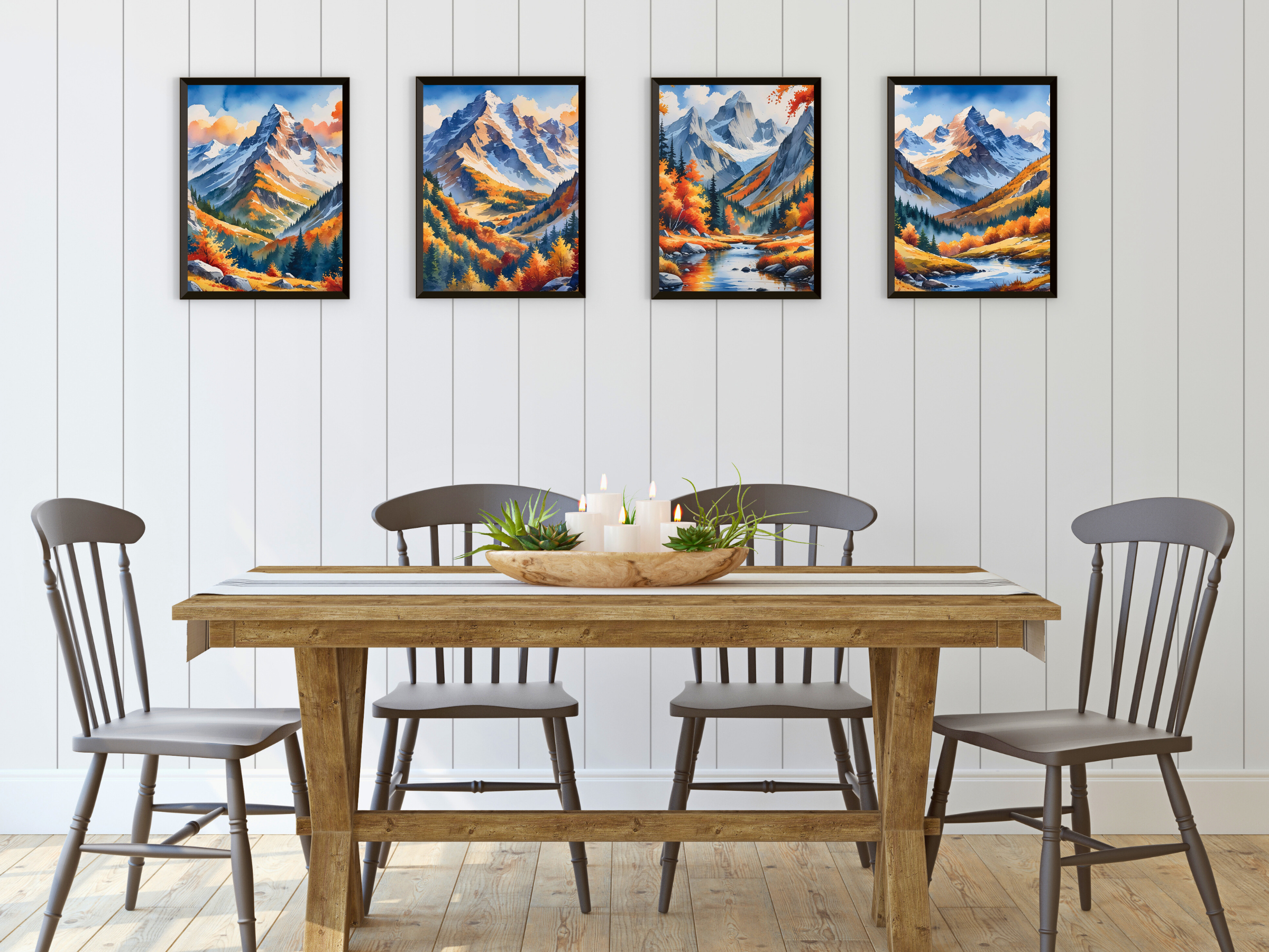 Paysage de montagne - Printemps, été, automne, hiver - Aquarelle - Lot