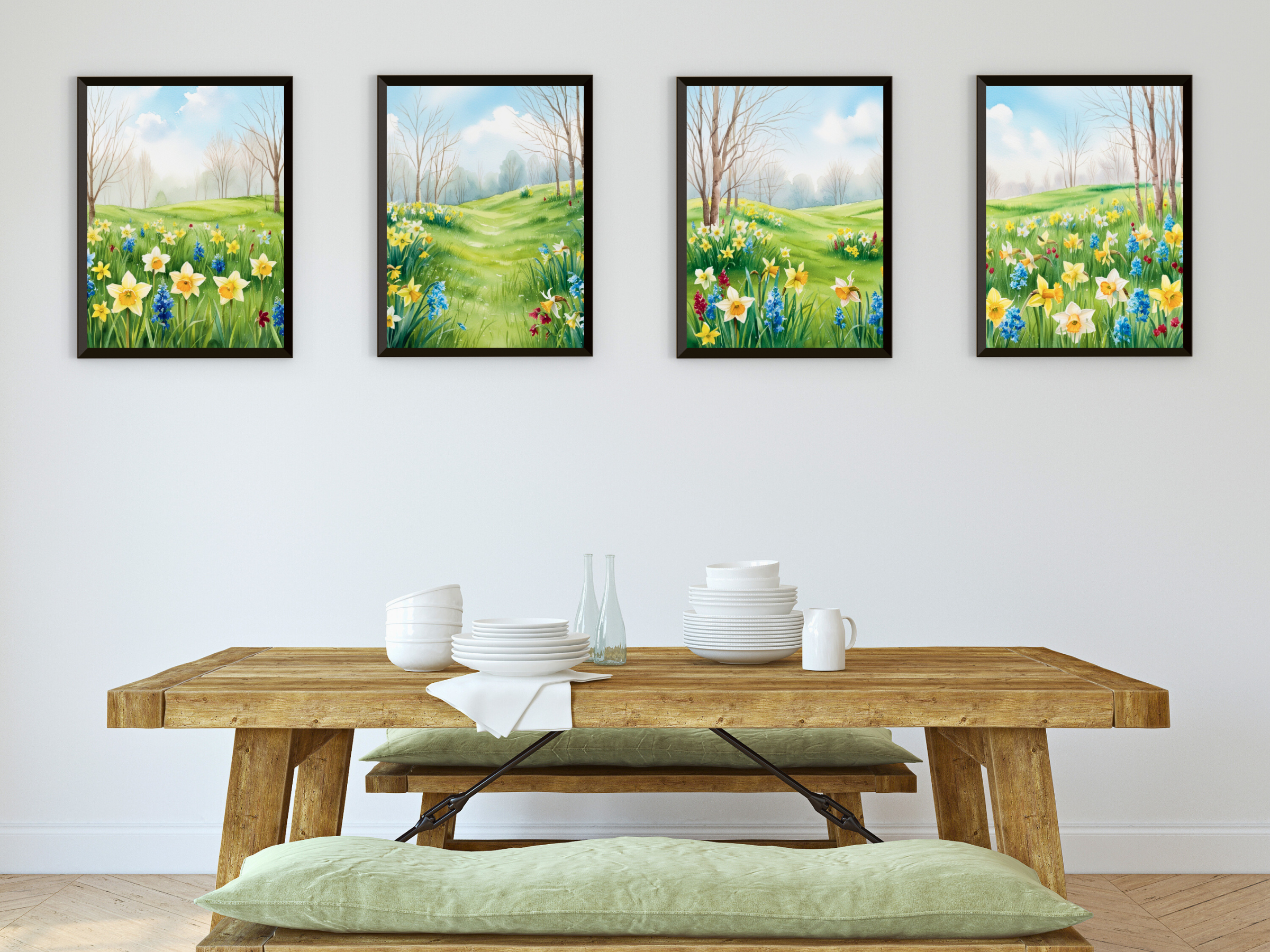 Paysage printanier paisible avec prairies - Aquarelle