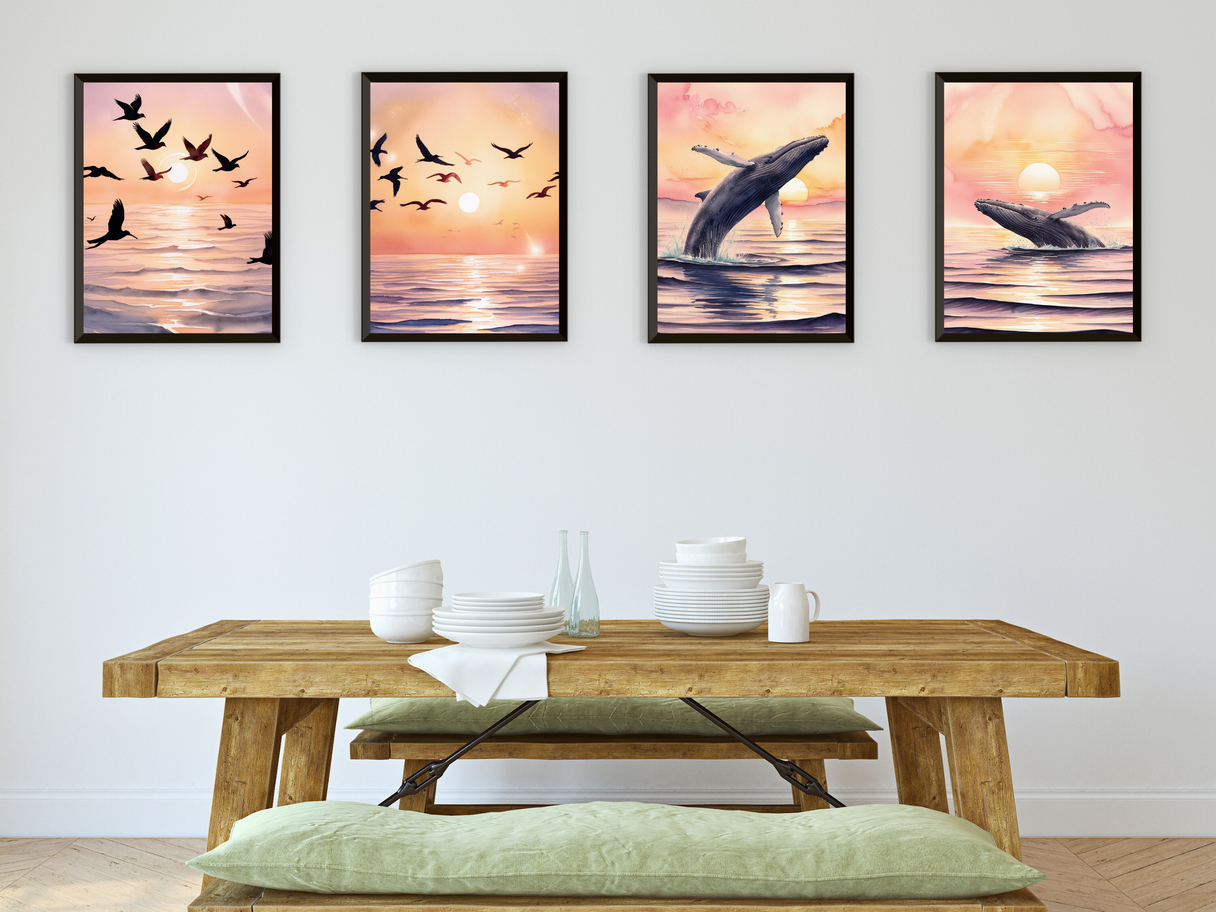 Lever de soleil sur la mer - Oiseaux et baleine - Aquarelle