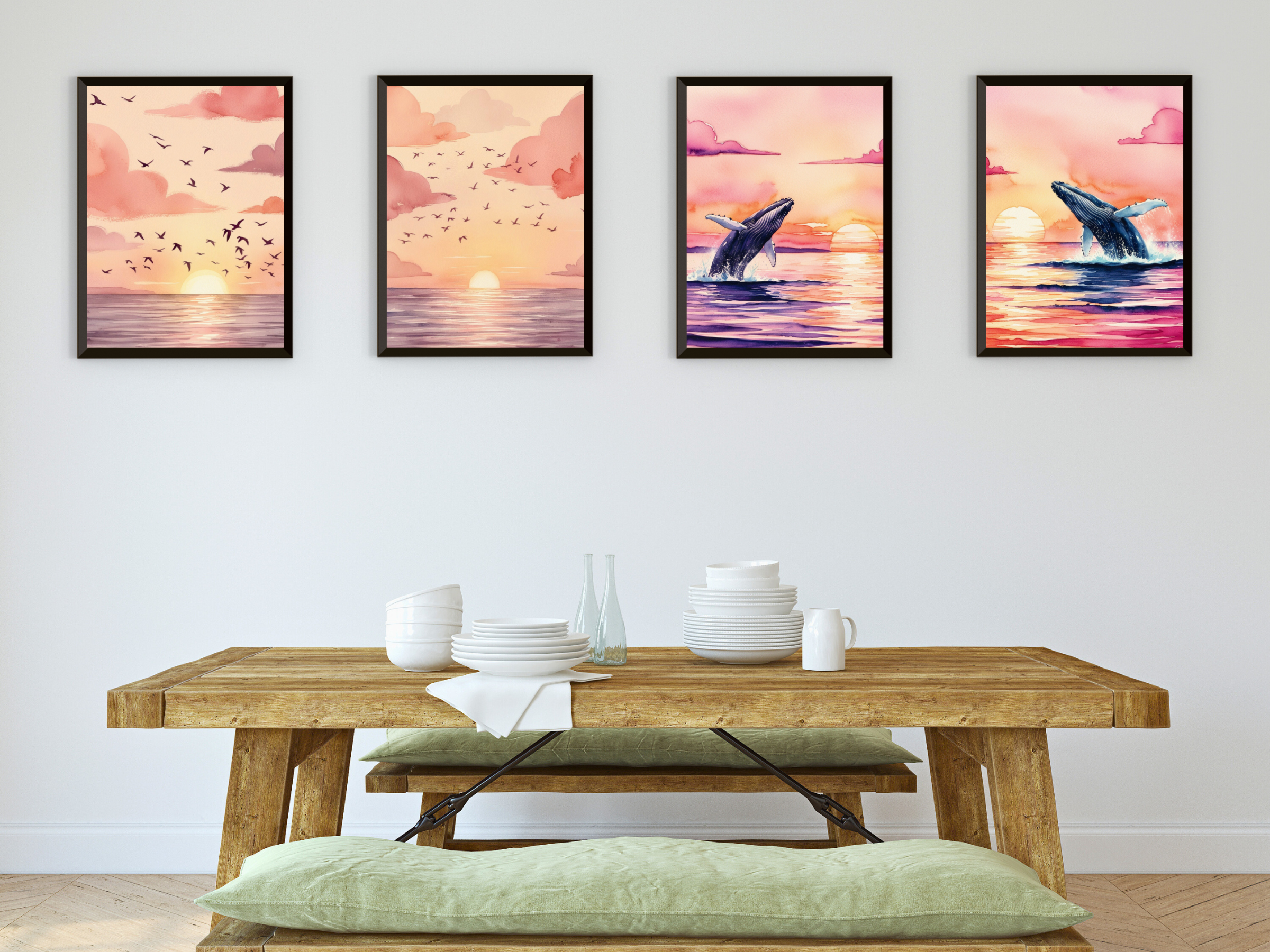 Sonnenuntergang am Meer - Vögel und Wal - Aquarell