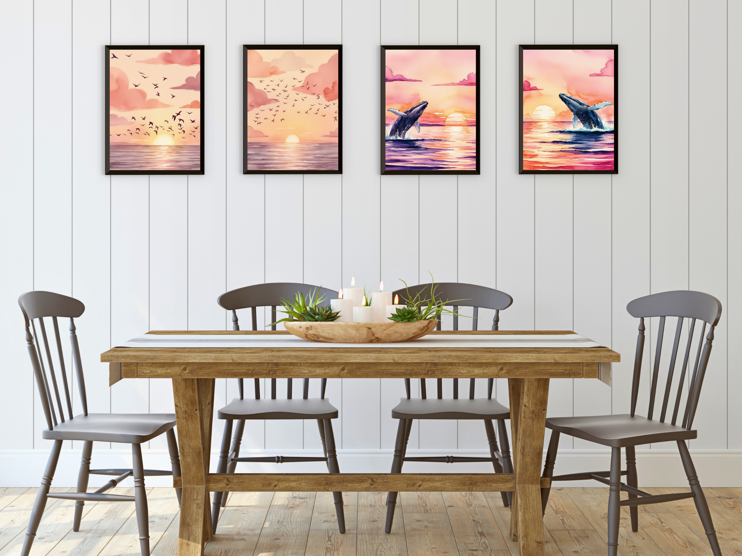 Soleil en bord de mer - Oiseaux et baleine - Aquarelle - Lot