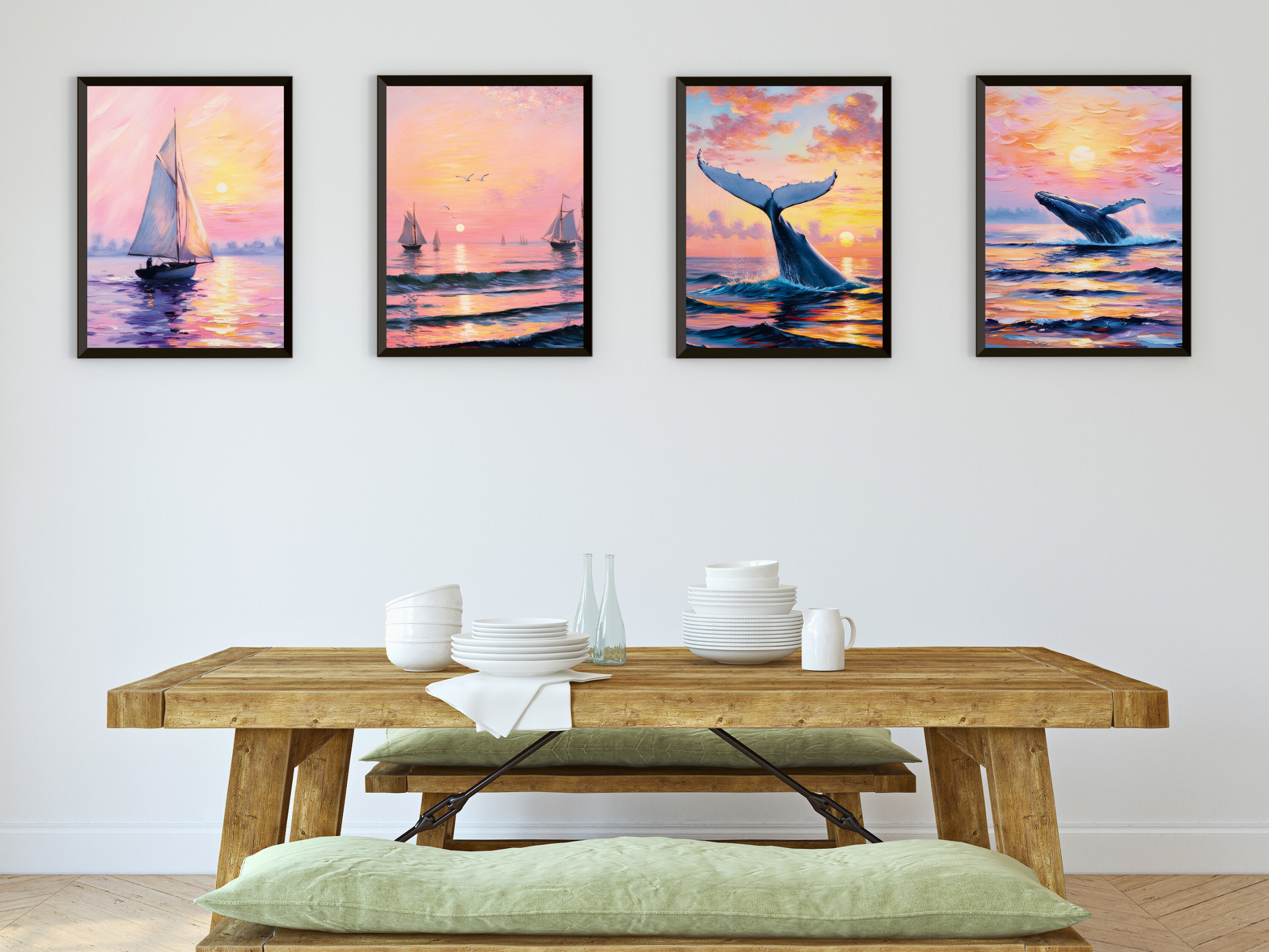 Lever de soleil sur la mer - Oiseaux et baleine - Style vintage Claude Monet