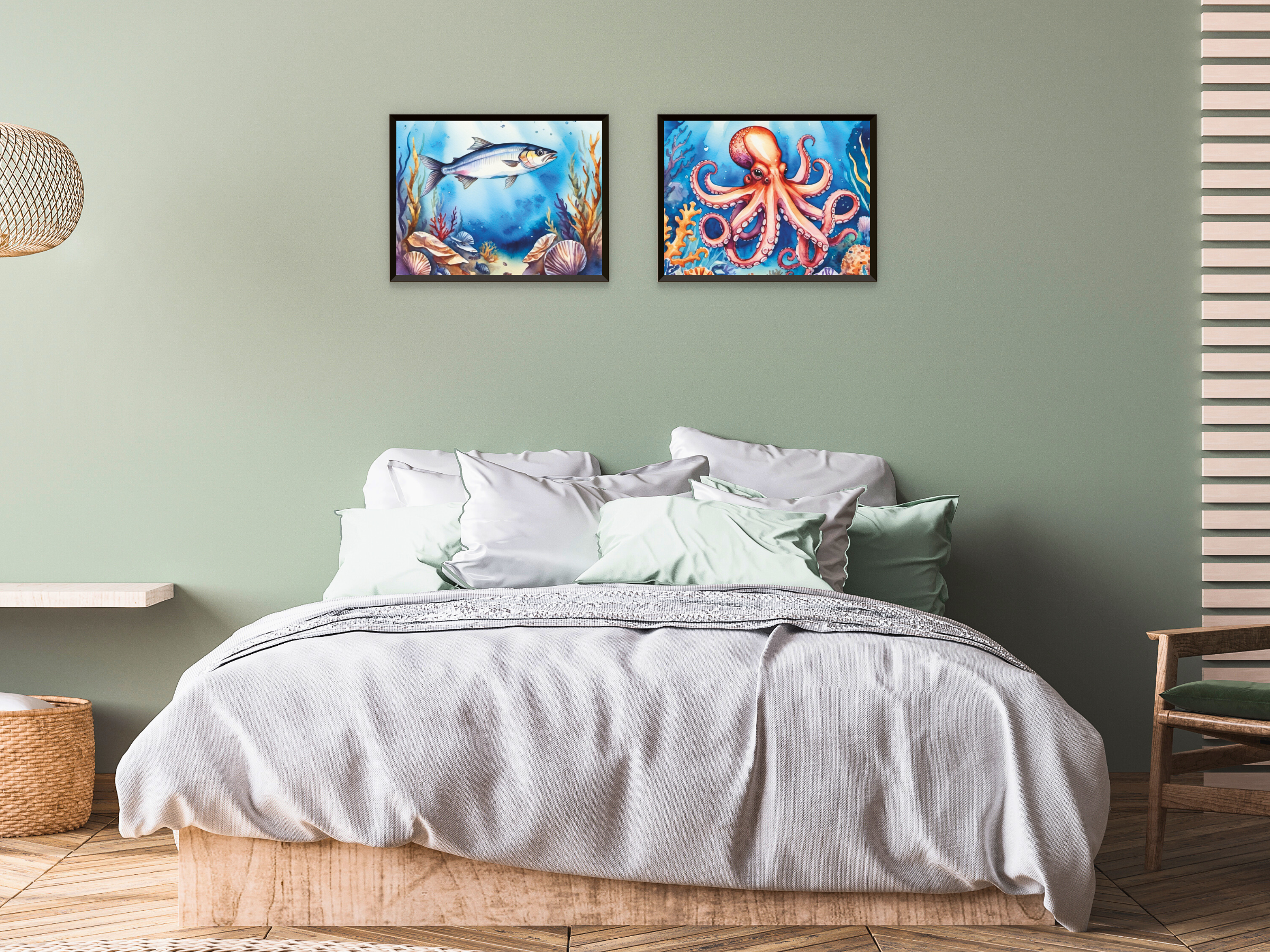 Meerestiere - Fische und Schalentier - Aquarell