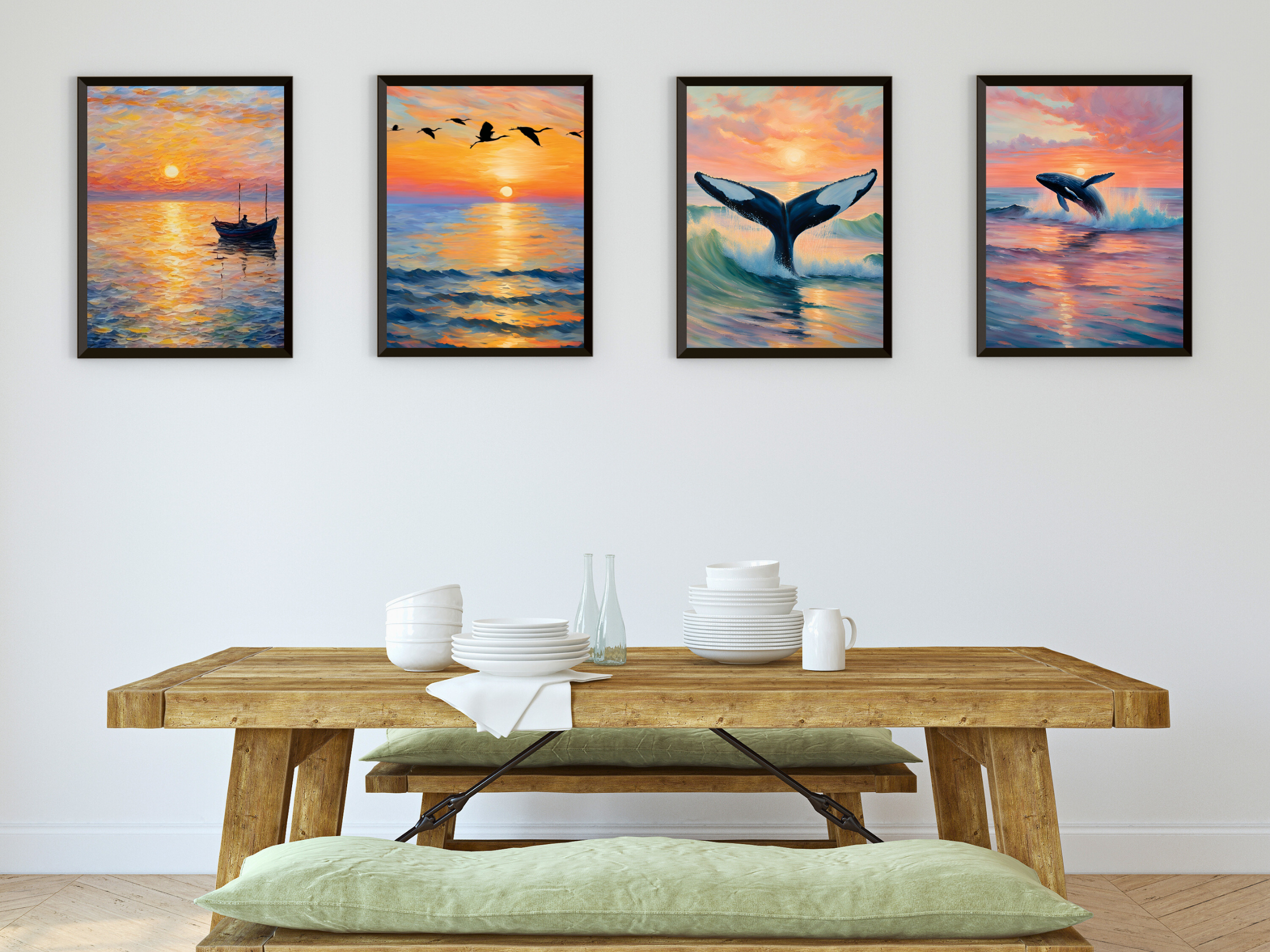 Coucher de soleil en bord de mer - Oiseaux et baleine - Style vintage Claude Monet