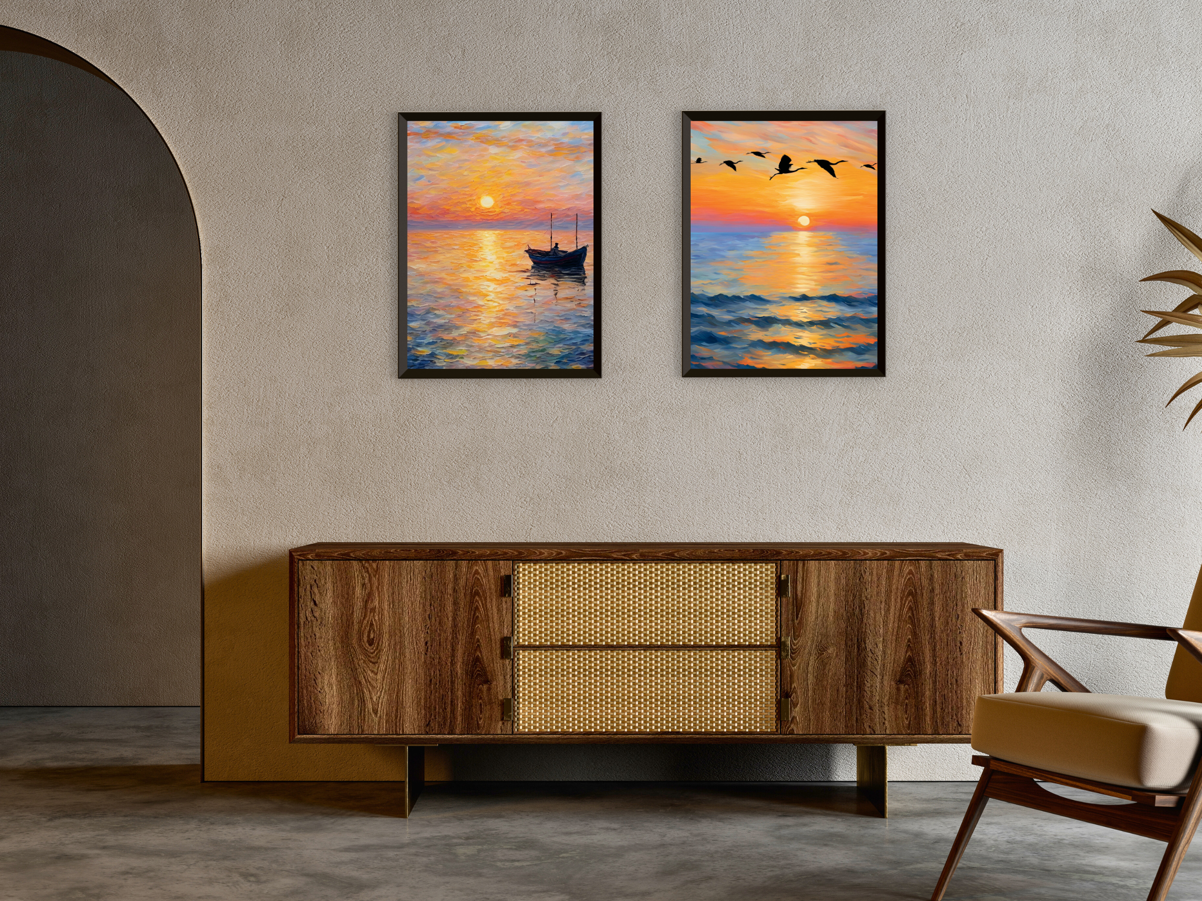 Coucher de soleil en bord de mer - Oiseaux et baleine - Style vintage Claude Monet