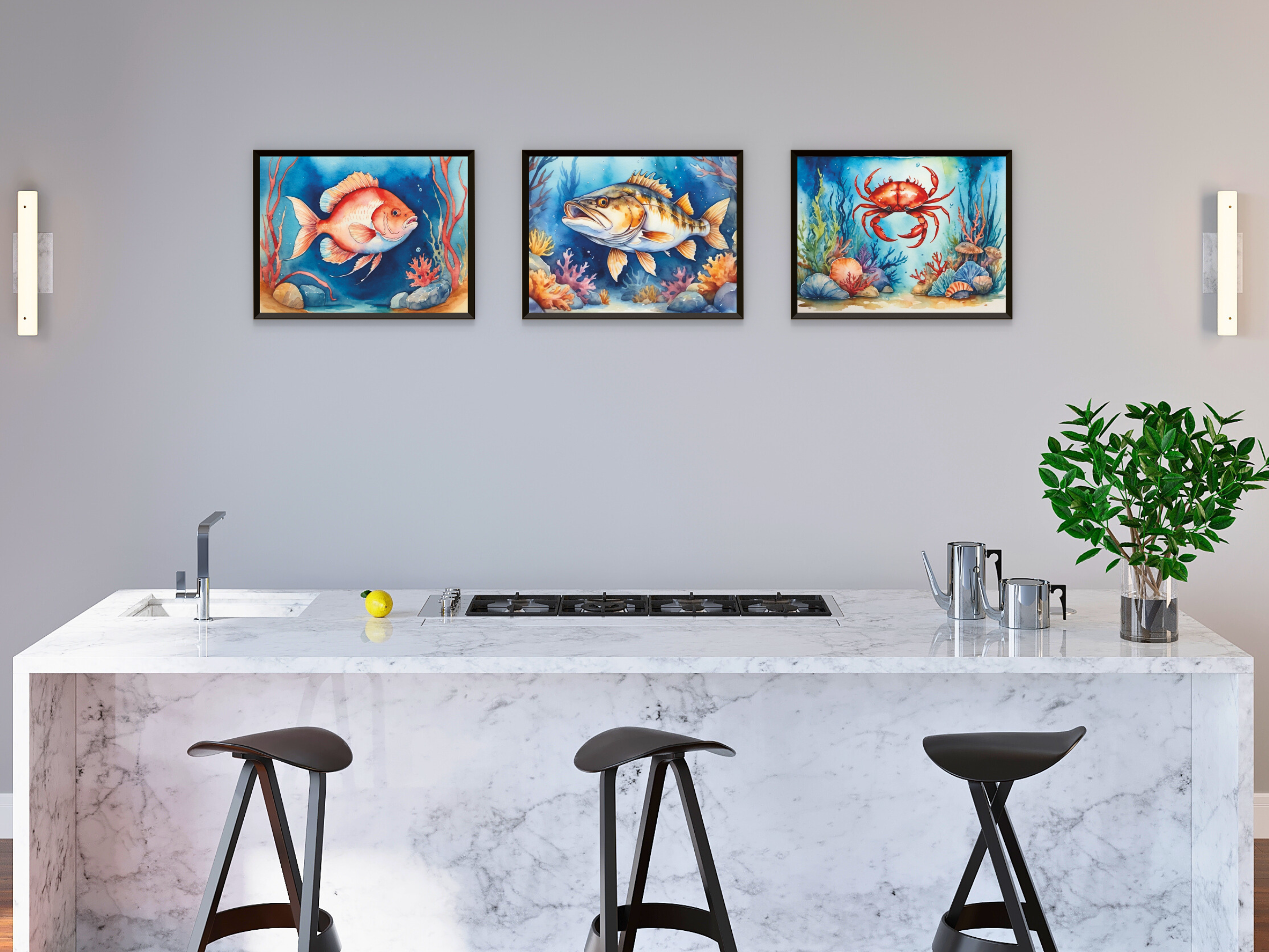 Meerestiere - Fische und Schalentier - Aquarell