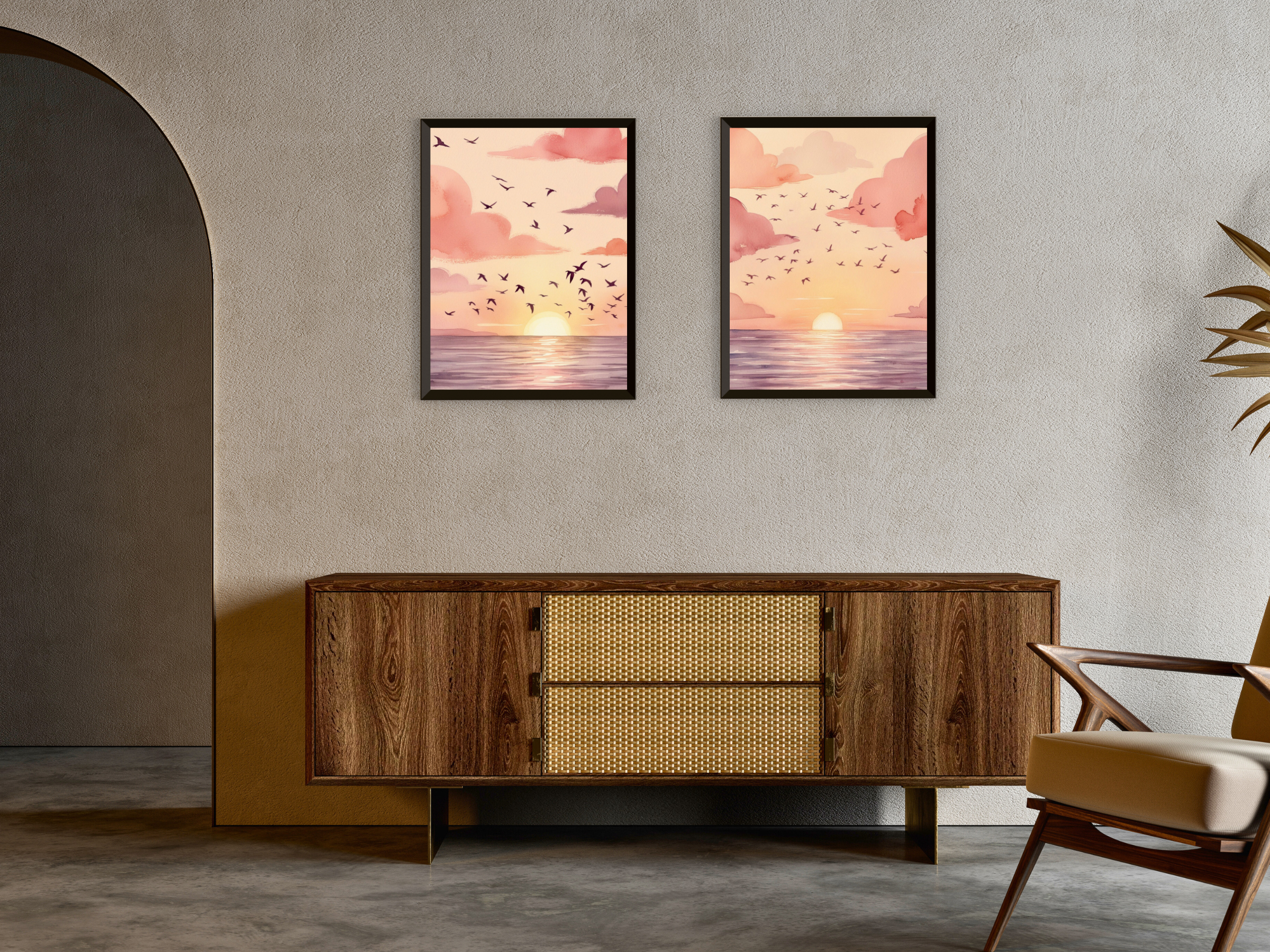 Sonnenuntergang am Meer - Vögel und Wal - Aquarell