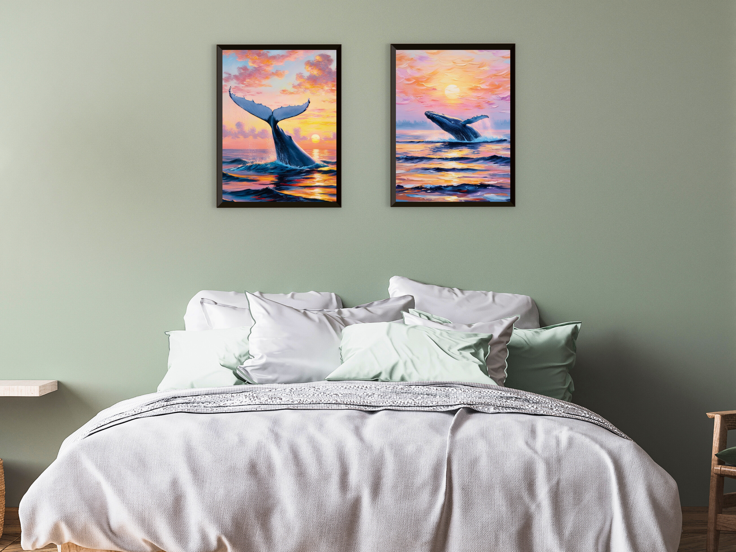 Lever de soleil sur la mer - Oiseaux et baleine - Style vintage Claude Monet