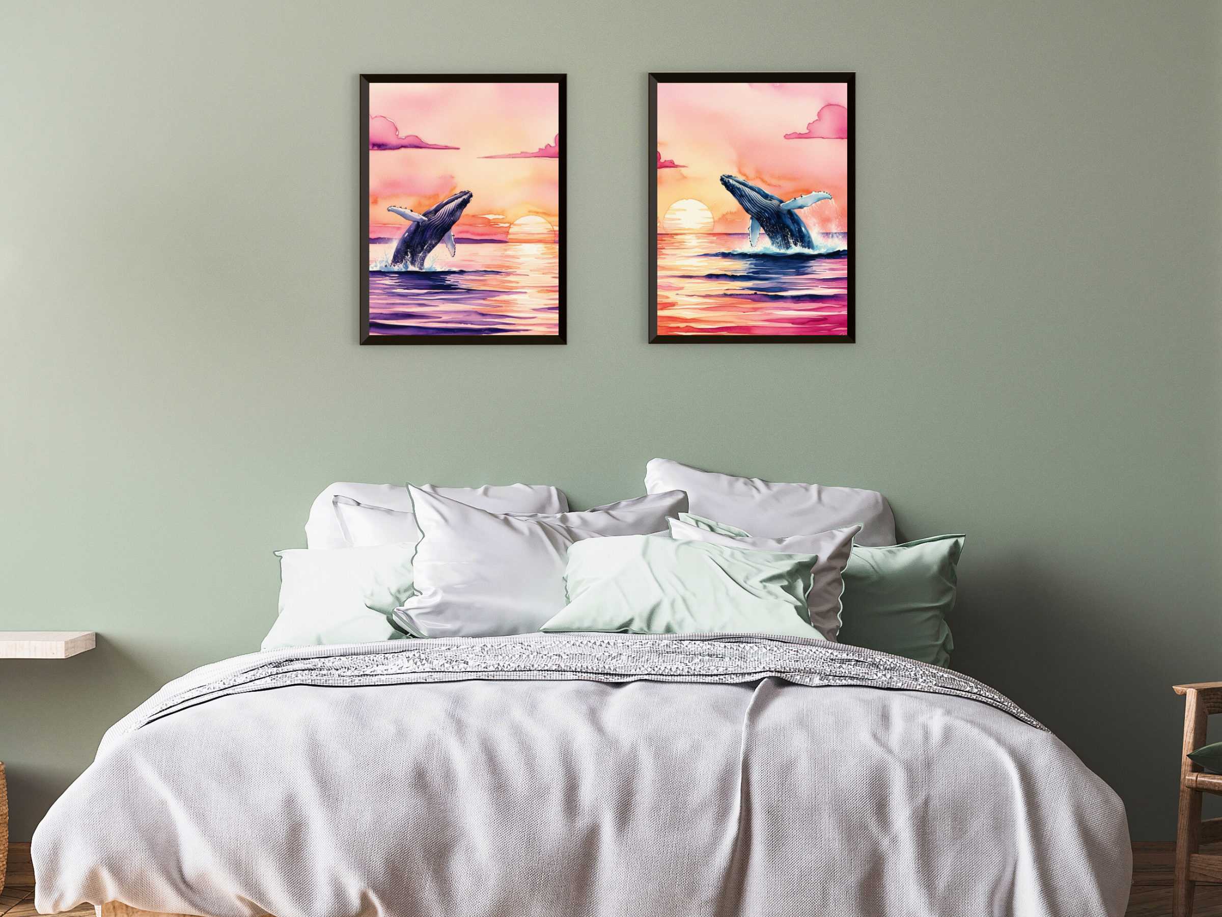 Sonnenuntergang am Meer - Vögel und Wal - Aquarell