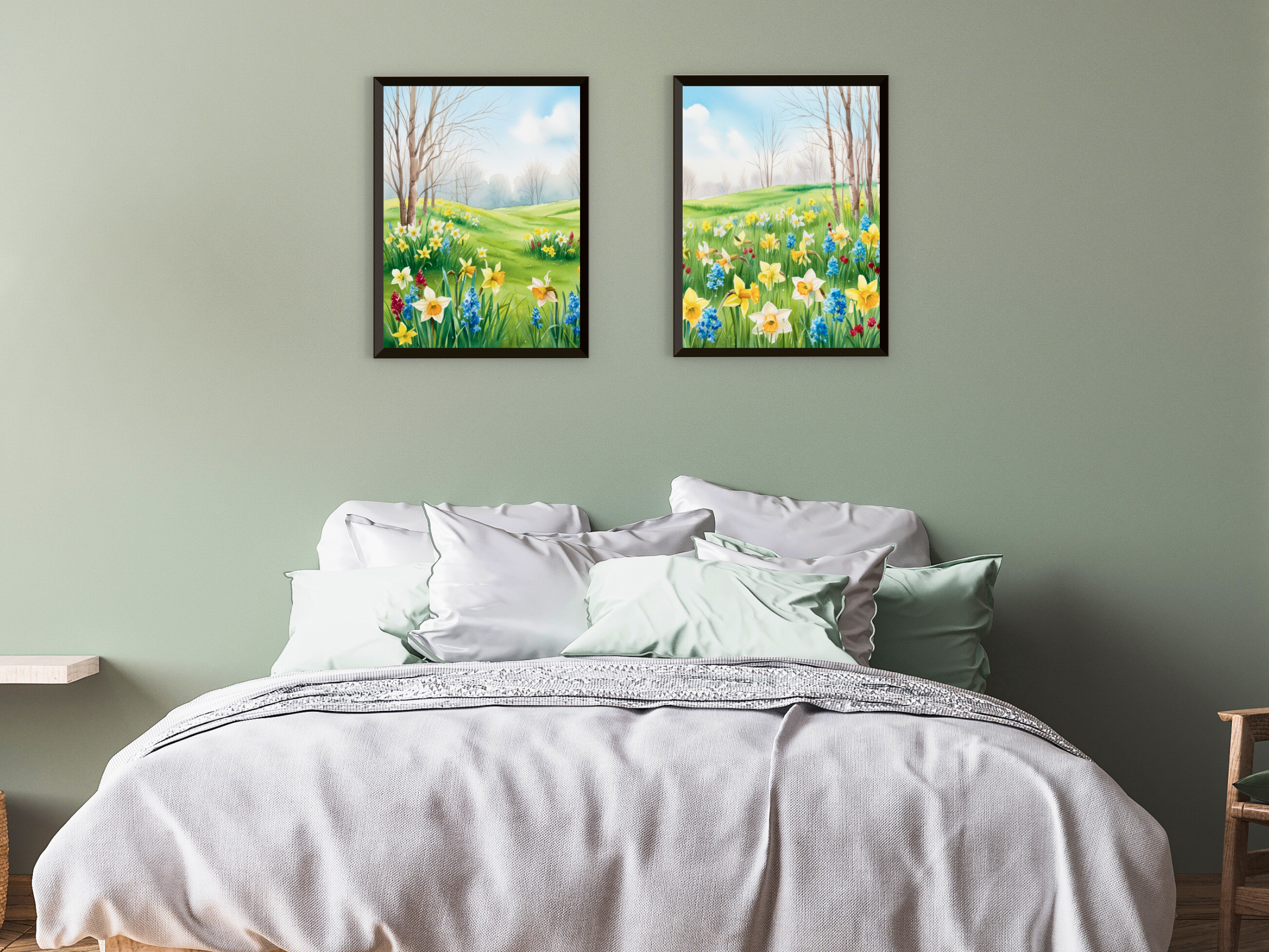 Paysage printanier paisible avec prairies - Aquarelle