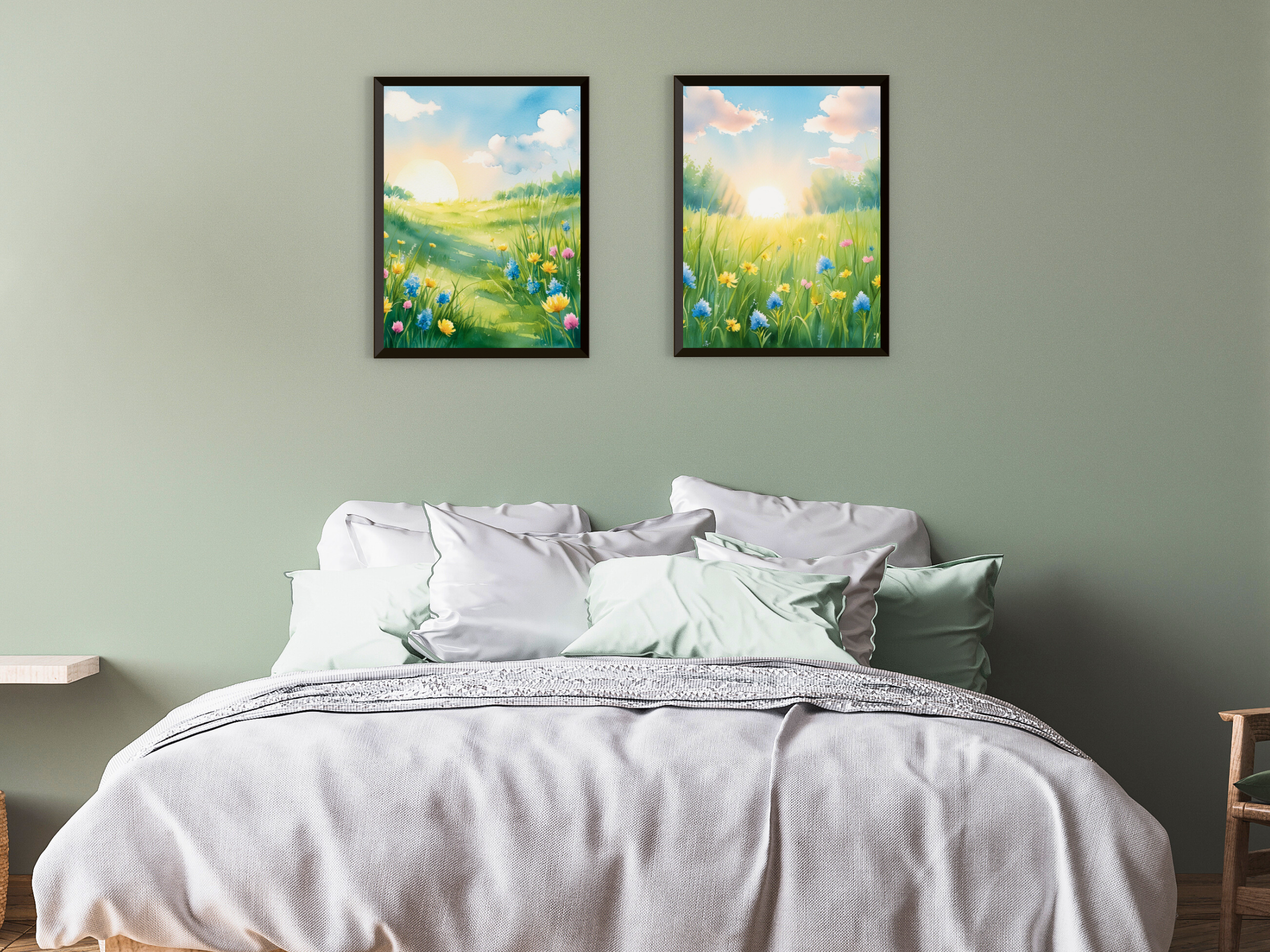 Lever de soleil sur une prairie printanière - Aquarelle