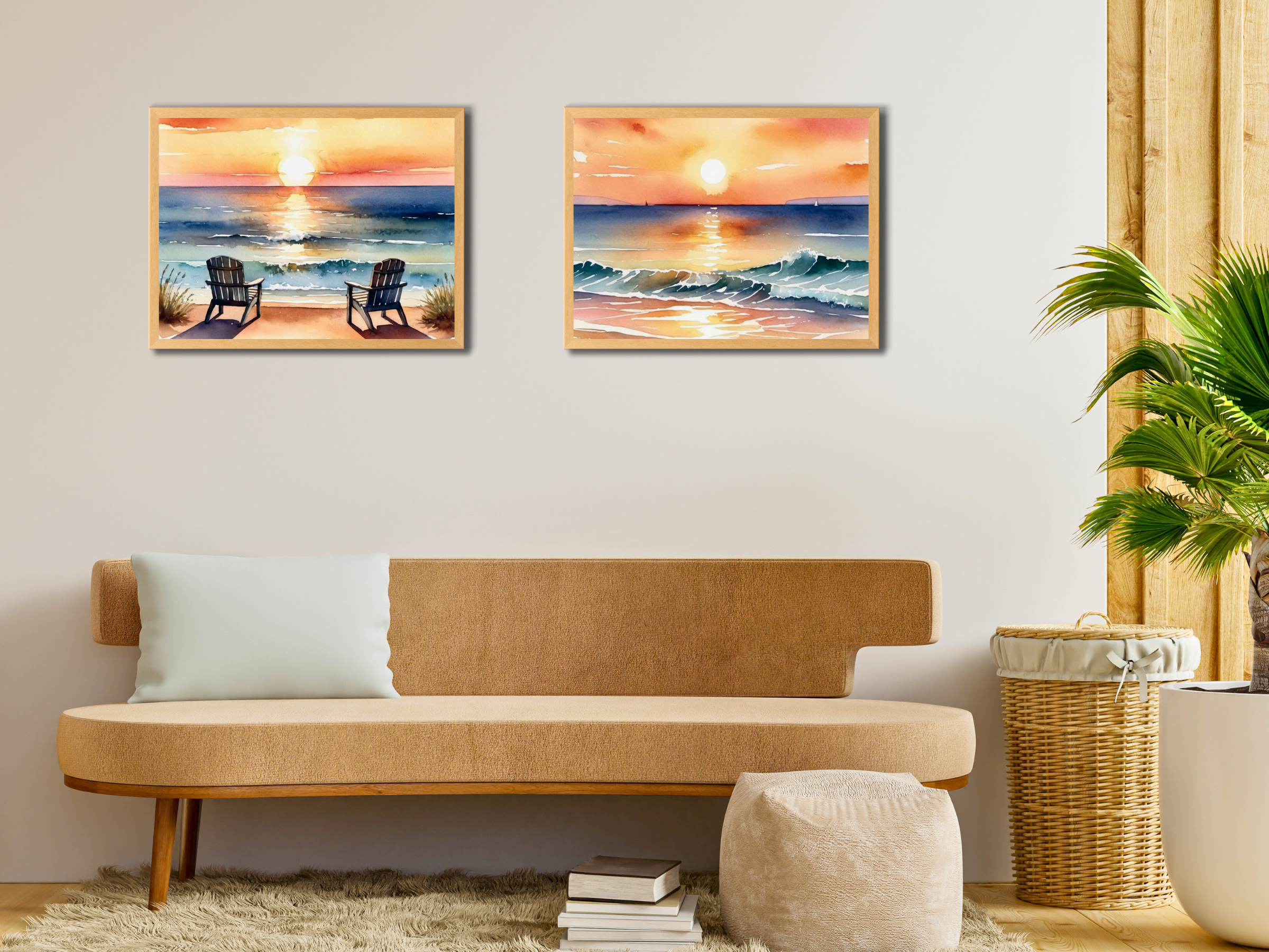 Soleil en bord de mer - Oiseaux et baleine - Aquarelle - Lot