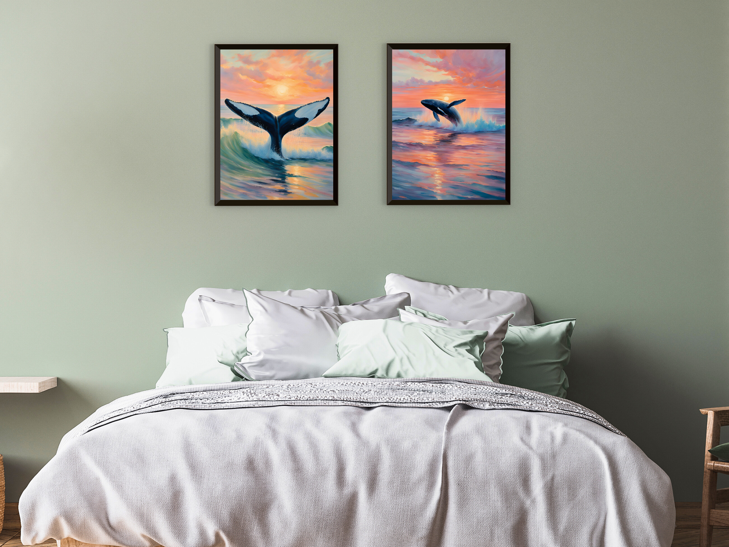 Coucher de soleil en bord de mer - Oiseaux et baleine - Style vintage Claude Monet