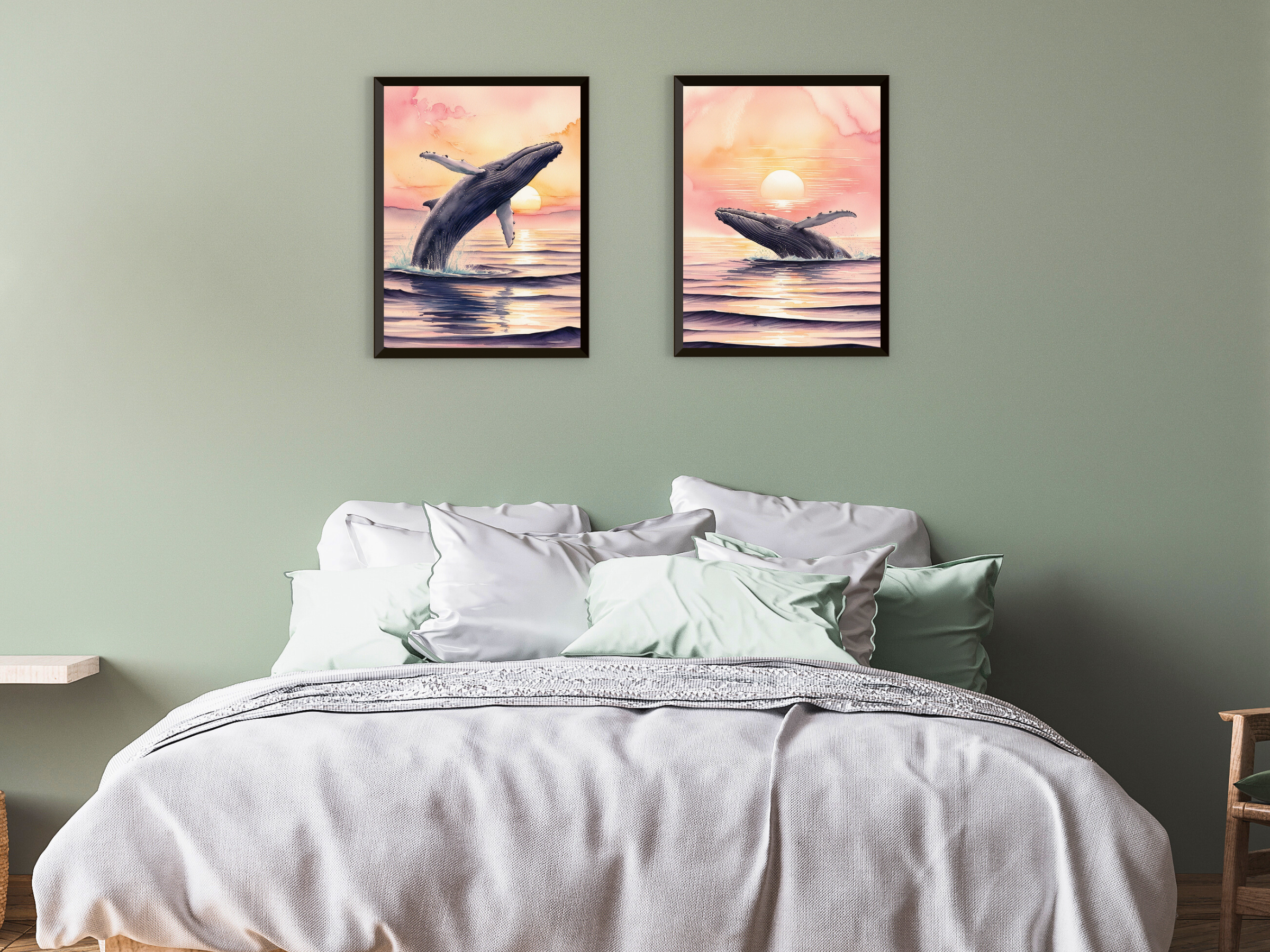 Lever de soleil sur la mer - Oiseaux et baleine - Aquarelle