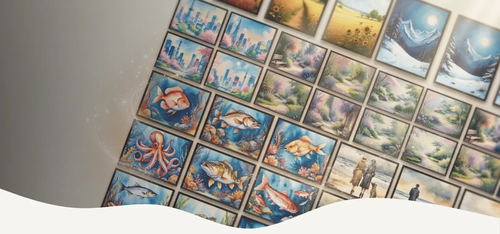 AI generated nature wall art hero banner featuring a magical landscape in soft artistic style, perfect for modern home decor and aesthetic interior inspiration