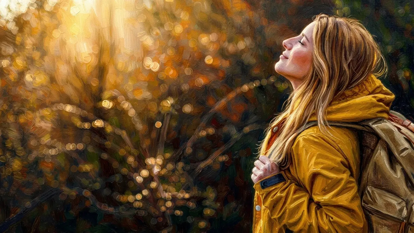 Frau blickt in eine ruhige Naturlandschaft, inspiring moment of calm and connection with nature for aesthetic wall art and home decor